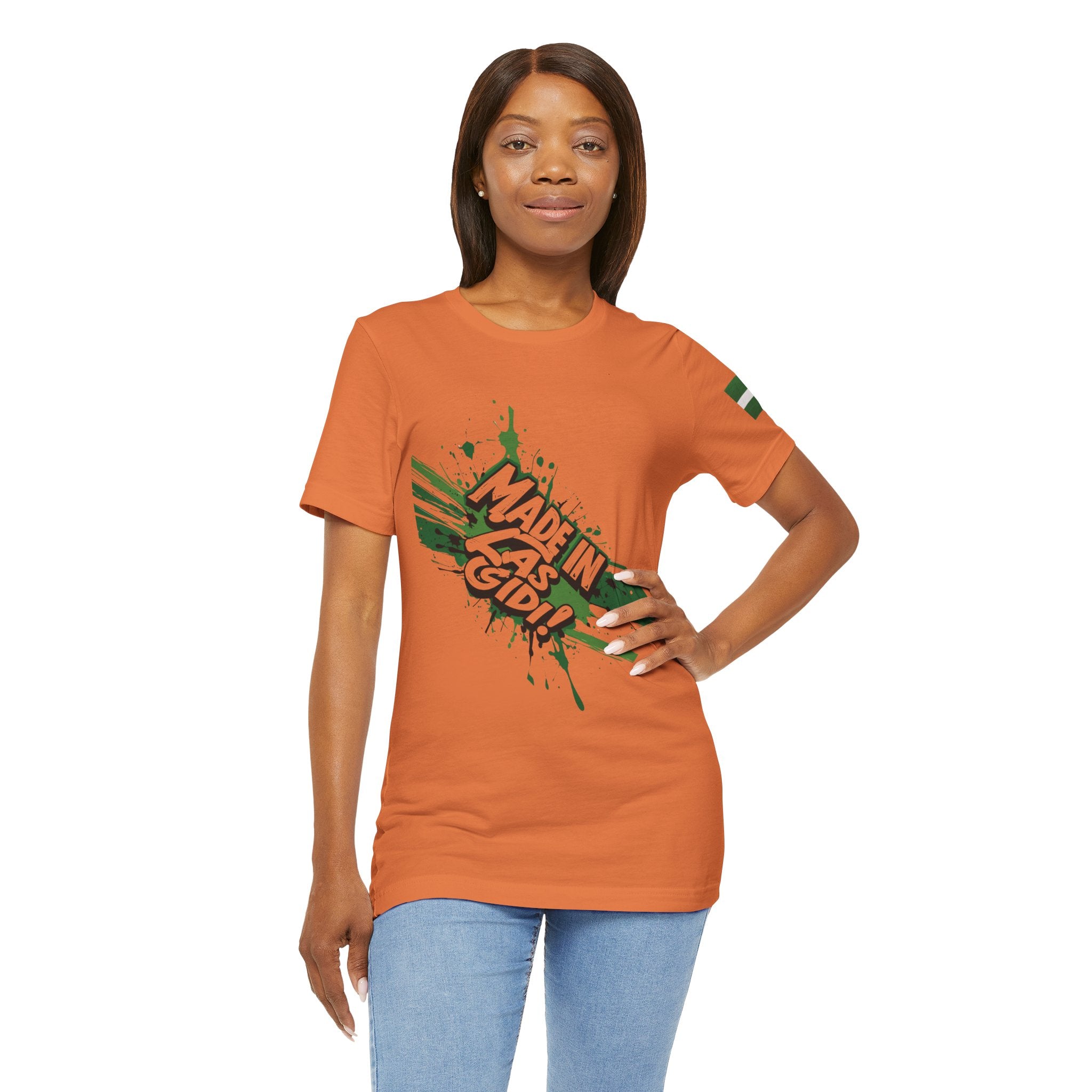 Naija Made in Las Gidi, Unisex Orange T-shirt- Female Model- Front View- Naija Of Course streetwear fashion