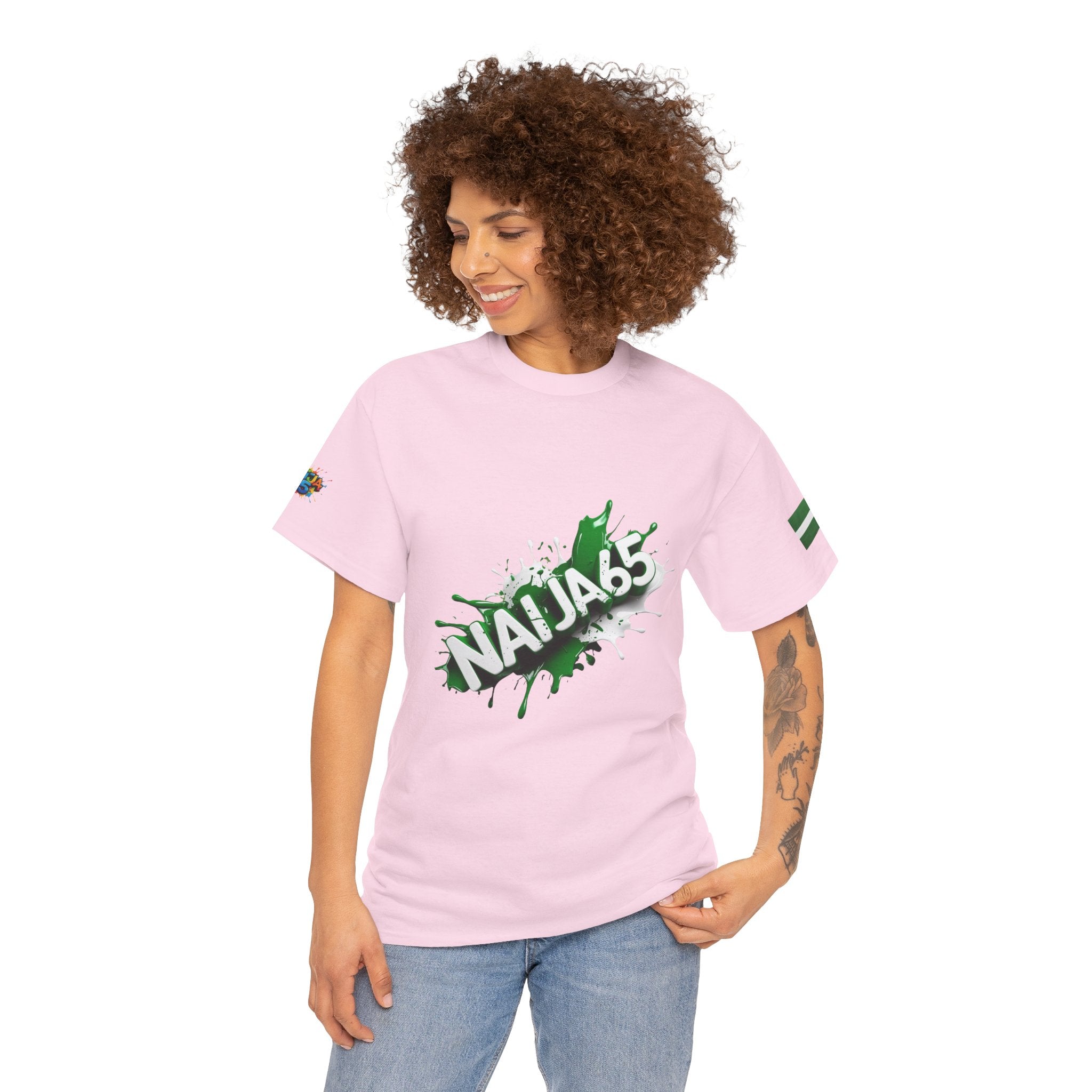 Naija 65TH INDEPENDENCE CELEBRATION Day - Unisex Cotton T-shirt- Pink- Female Model- Nigerian streetwear fashion from Naija Of Course