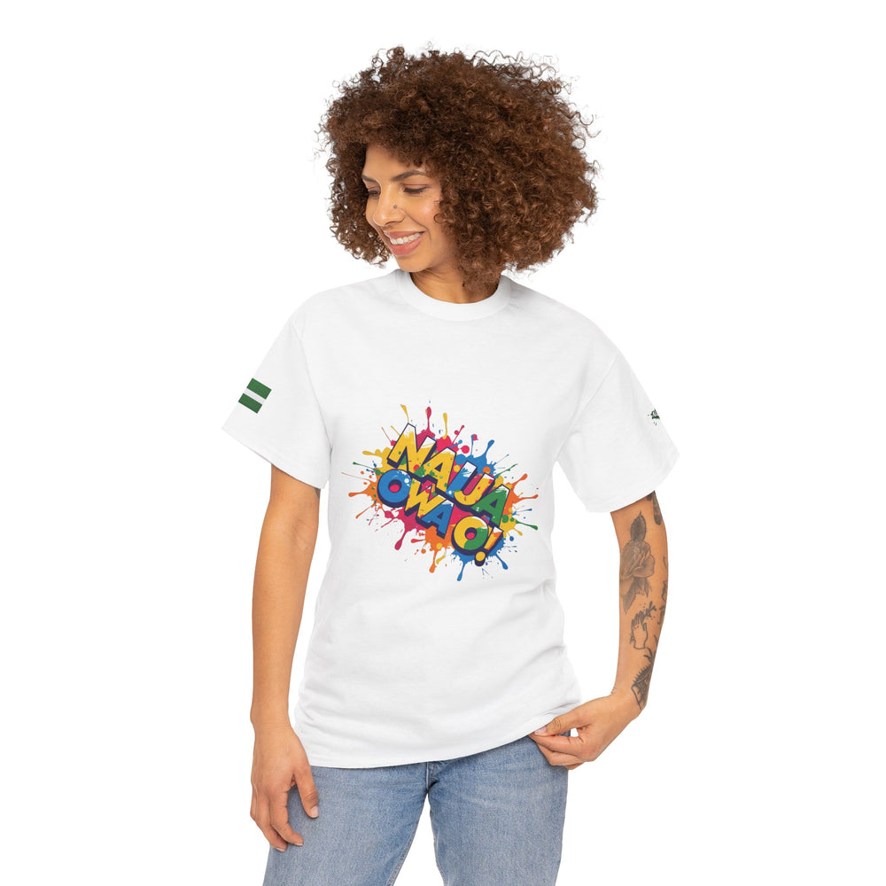 Naija Owa O, Unisex White T-shirt - Female Model- Front View- Nigerian streetwear fashion from Naija Of Course
