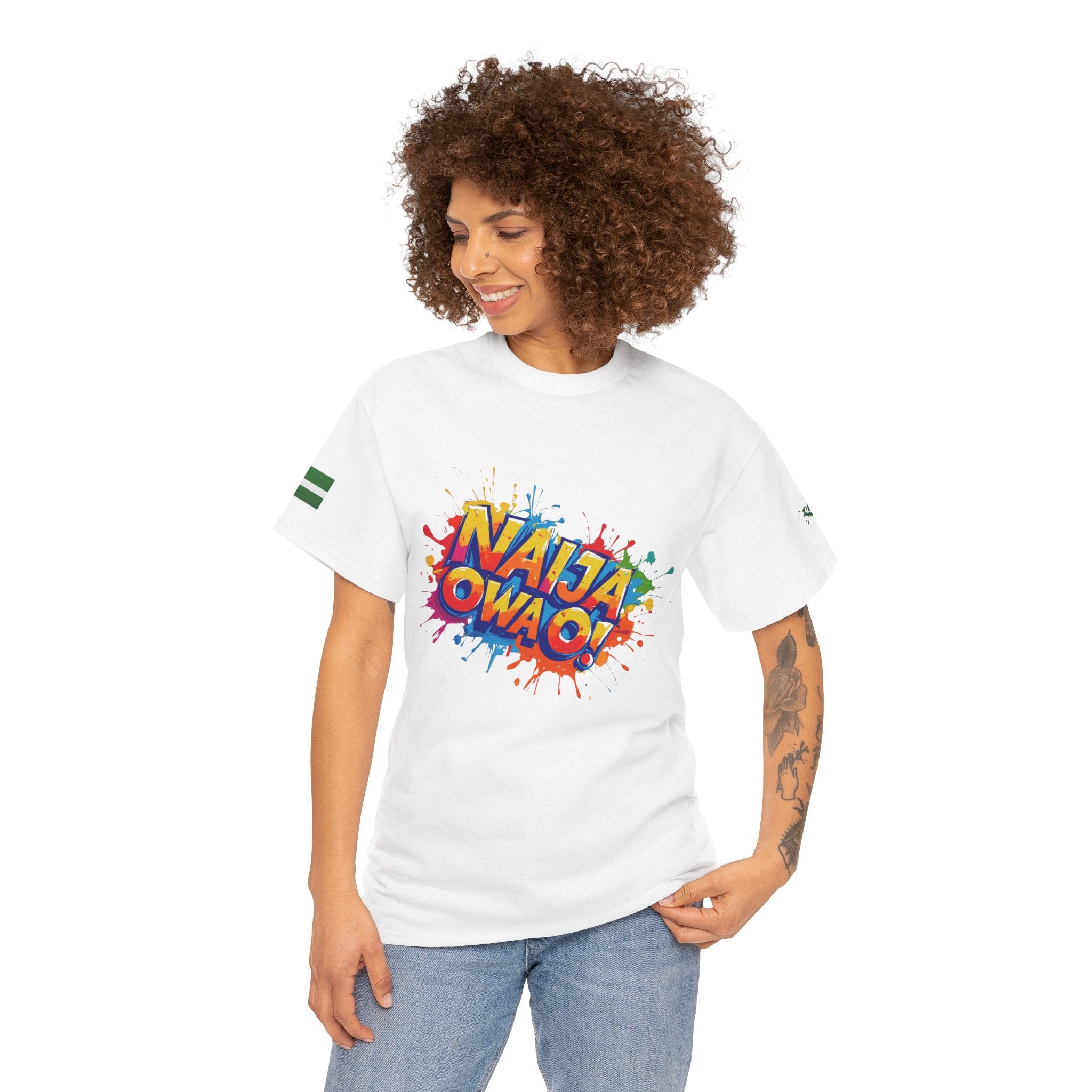Naija, Owa O,  Unisex White Cotton T-shirt- Female Model- Front View- Nigerian streetwear fashion from Naija Of Course