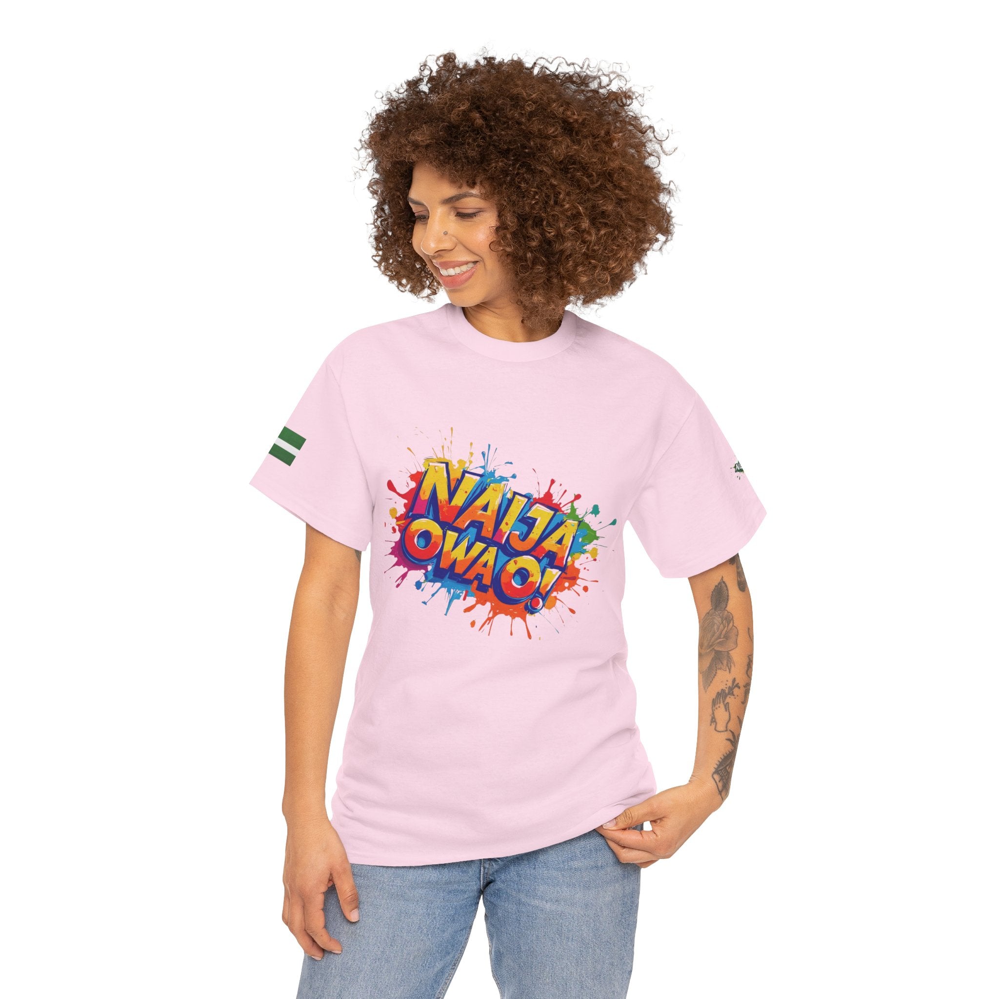Naija, Owa O,  Unisex Pink Cotton T-shirt- Female Model- Front View- Nigerian streetwear fashion from Naija Of Course