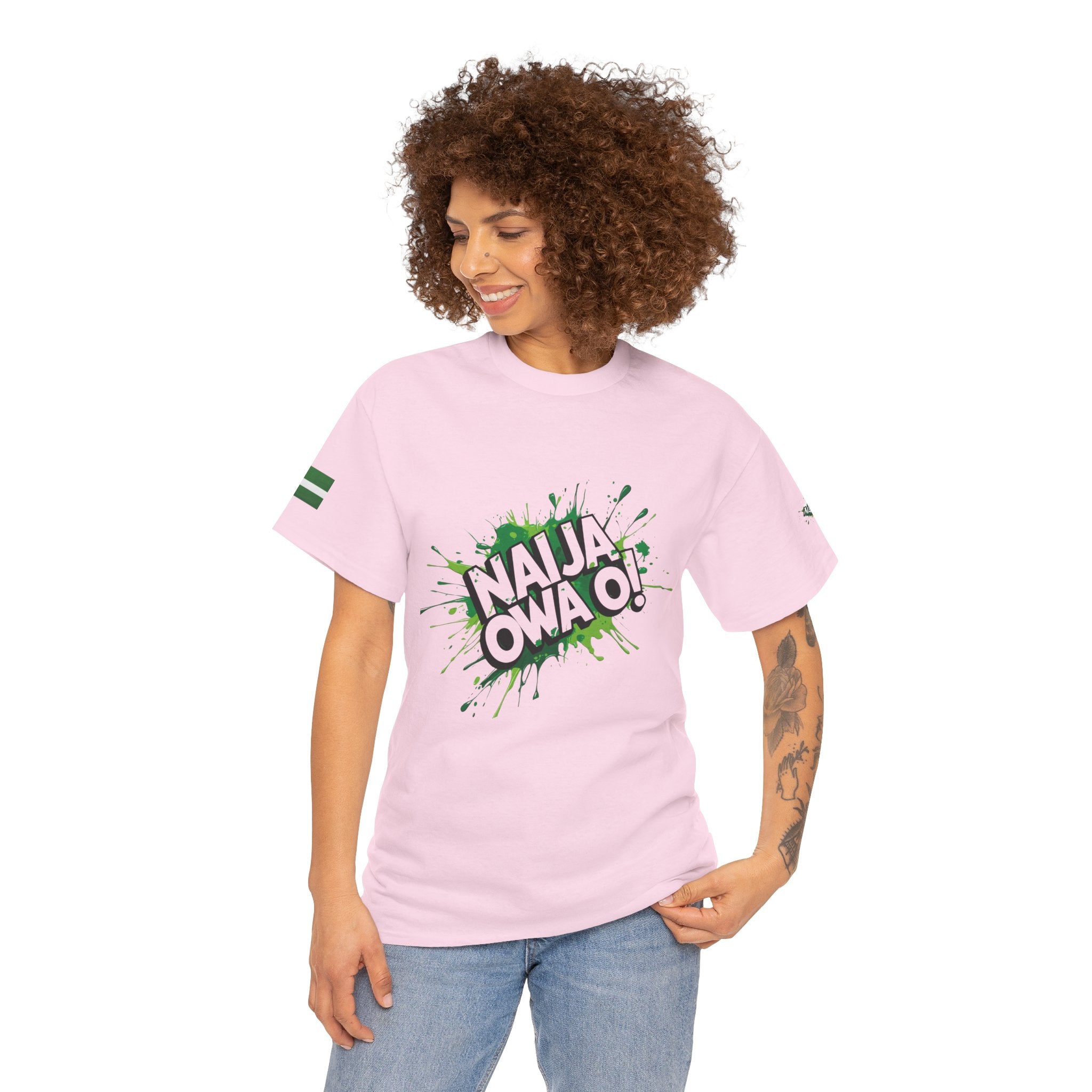 Naija, Owa O,  Pink Cotton T-shirt Unisex- Female Model- Front View- Nigerian streetwear fashion from Naija Of Course