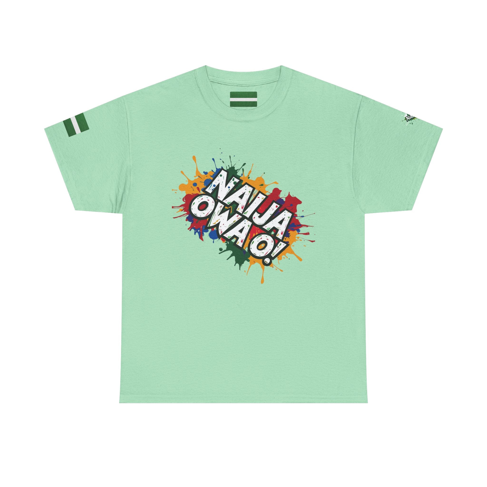 Naija- Owa O,  Unisex Light Green Cotton T-shirt- Front View- Nigerian streetwear fashion from Naija Of Course