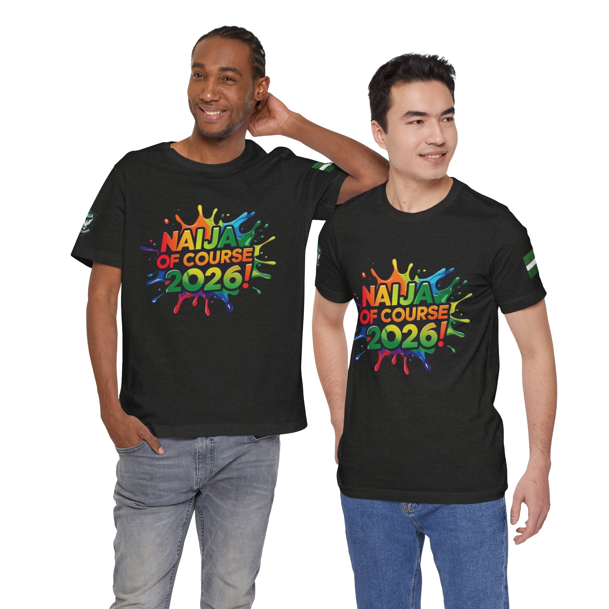 Naija Of Course 2026 T-shirt, Unisex - Black-  Two Male models- Nigerian streetwear fashion from Naija Of Course