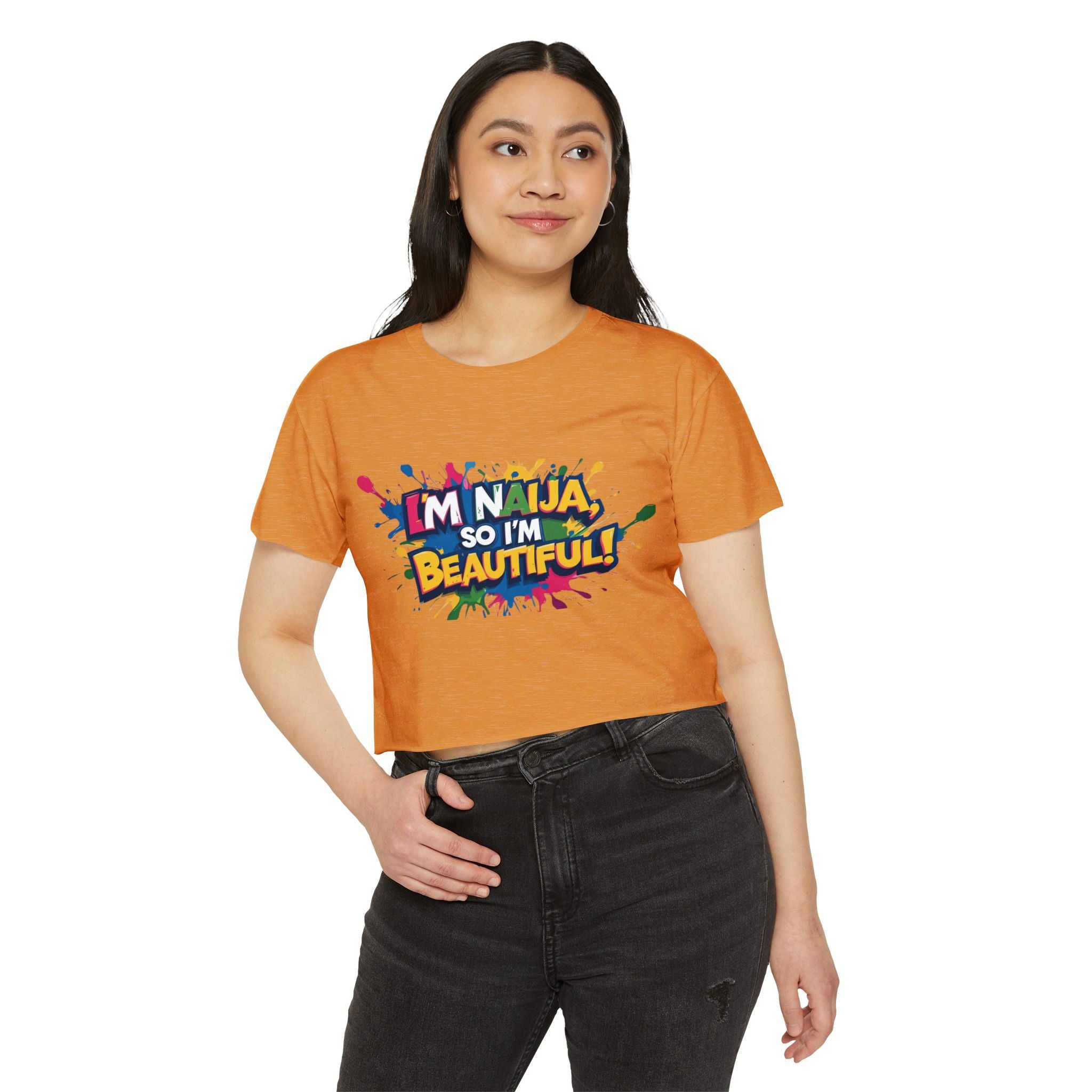 I'm Naija so I'm Beautiful, Orange Cotton T-shirt - Female Model, Naija Of Course streetwear fashion
