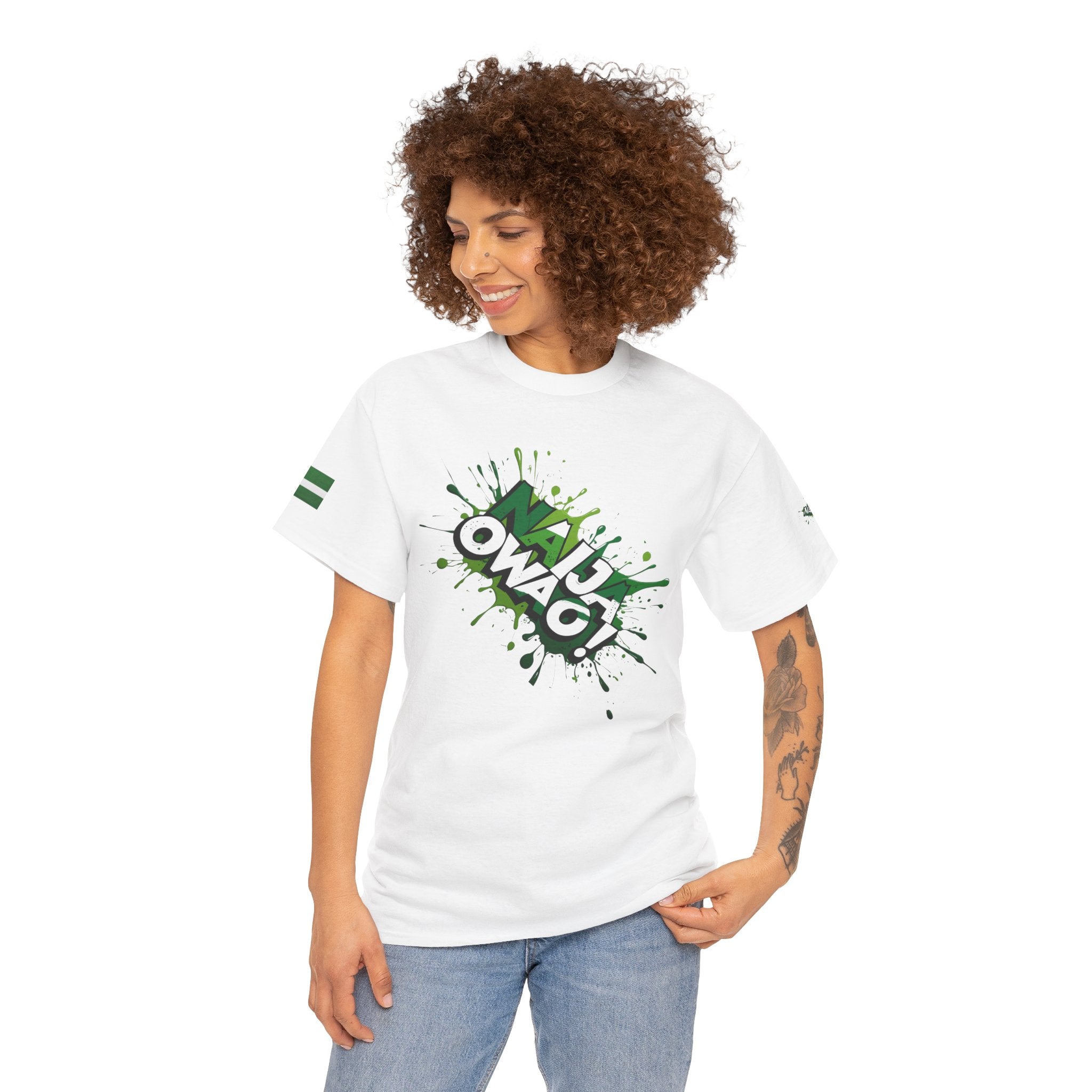 Naija Owa O, Unisex White Cotton T-shirt- Female Model- Front View- Nigerian streetwear fashion from Naija Of Course