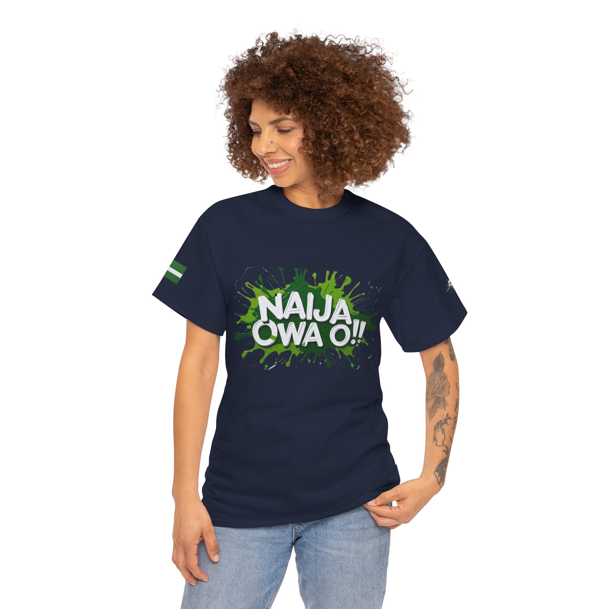 Naija Owa O, Cotton T-shirt Unisex- Blue- Female Model- Front View- Nigerian streetwear fashion from Naija Of Course