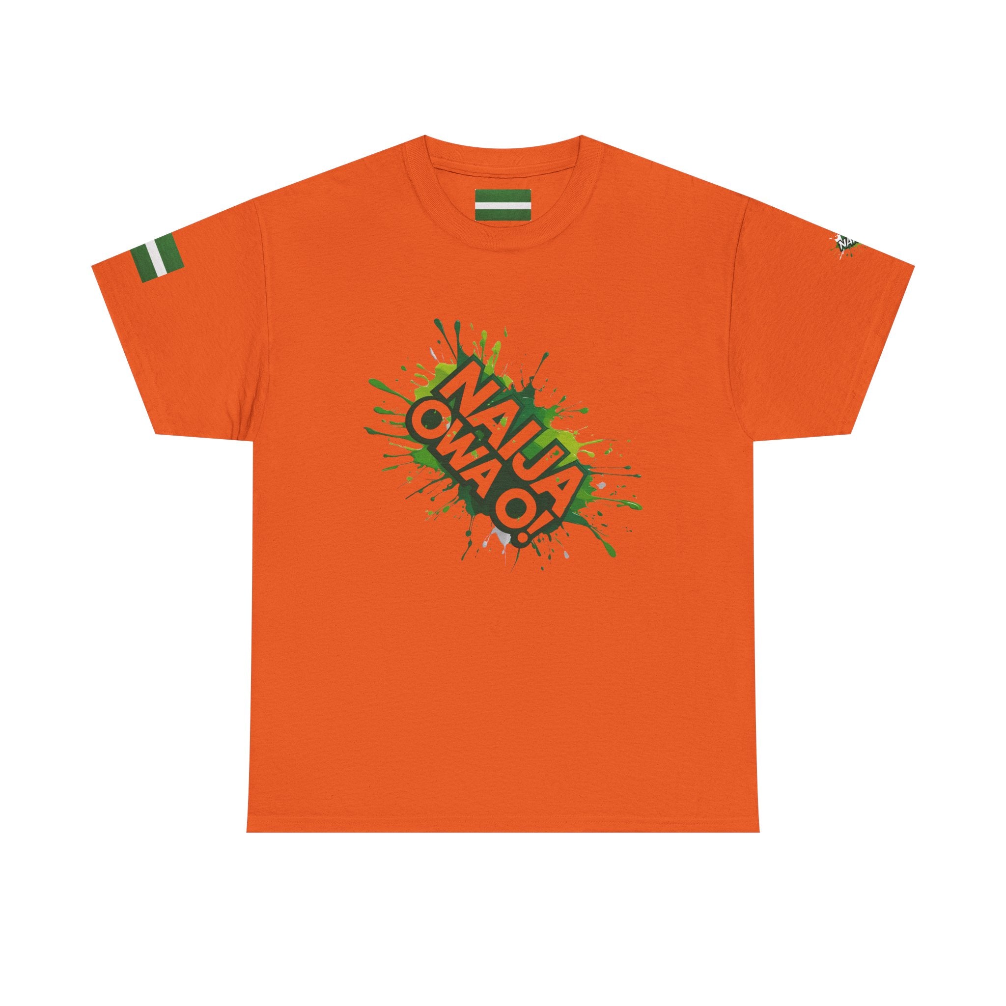 Naija- Owa O, Unisex Orange Cotton T-shirt- Front View- shirt- Nigerian streetwear fashion from Naija Of Course