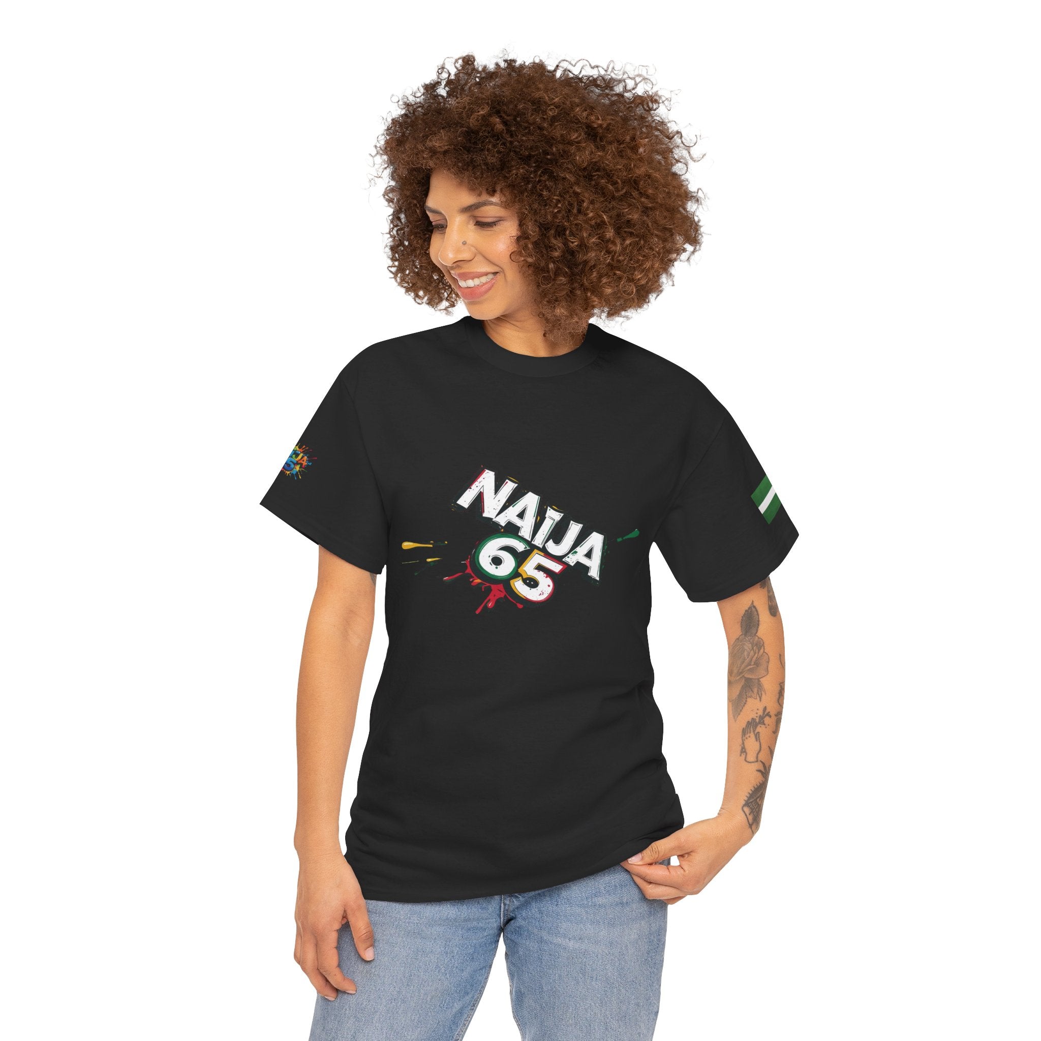 Naija 65TH INDEPENDENCE, Unisex Black Cotton T-shirt- Female Model- Front View- Nigerian streetwear fashion from Naija Of Course