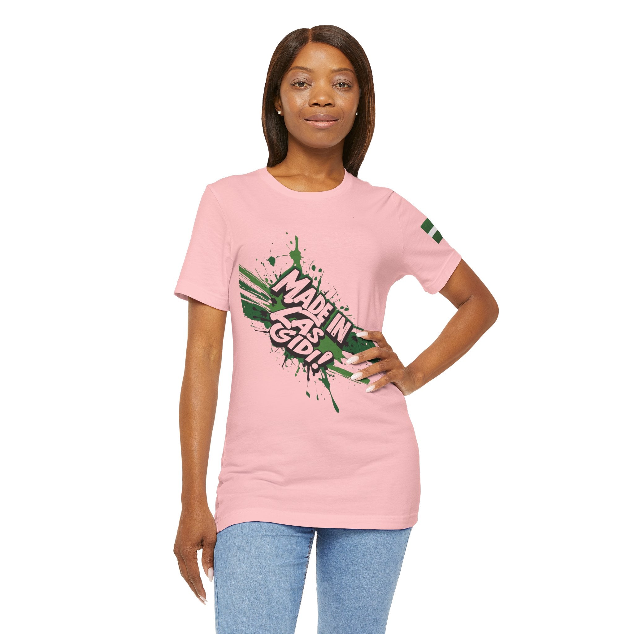 Naija Made in Las Gidi, Unisex Pink T-shirt- Female Model- Front View- Naija Of Course streetwear fashion