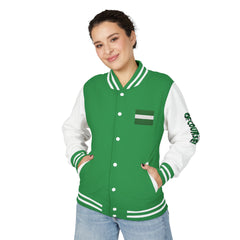 Naija of Course, Unisex Letterman Jacket - Naija Of Course Fashion, Female wearing a green jacket with white arms