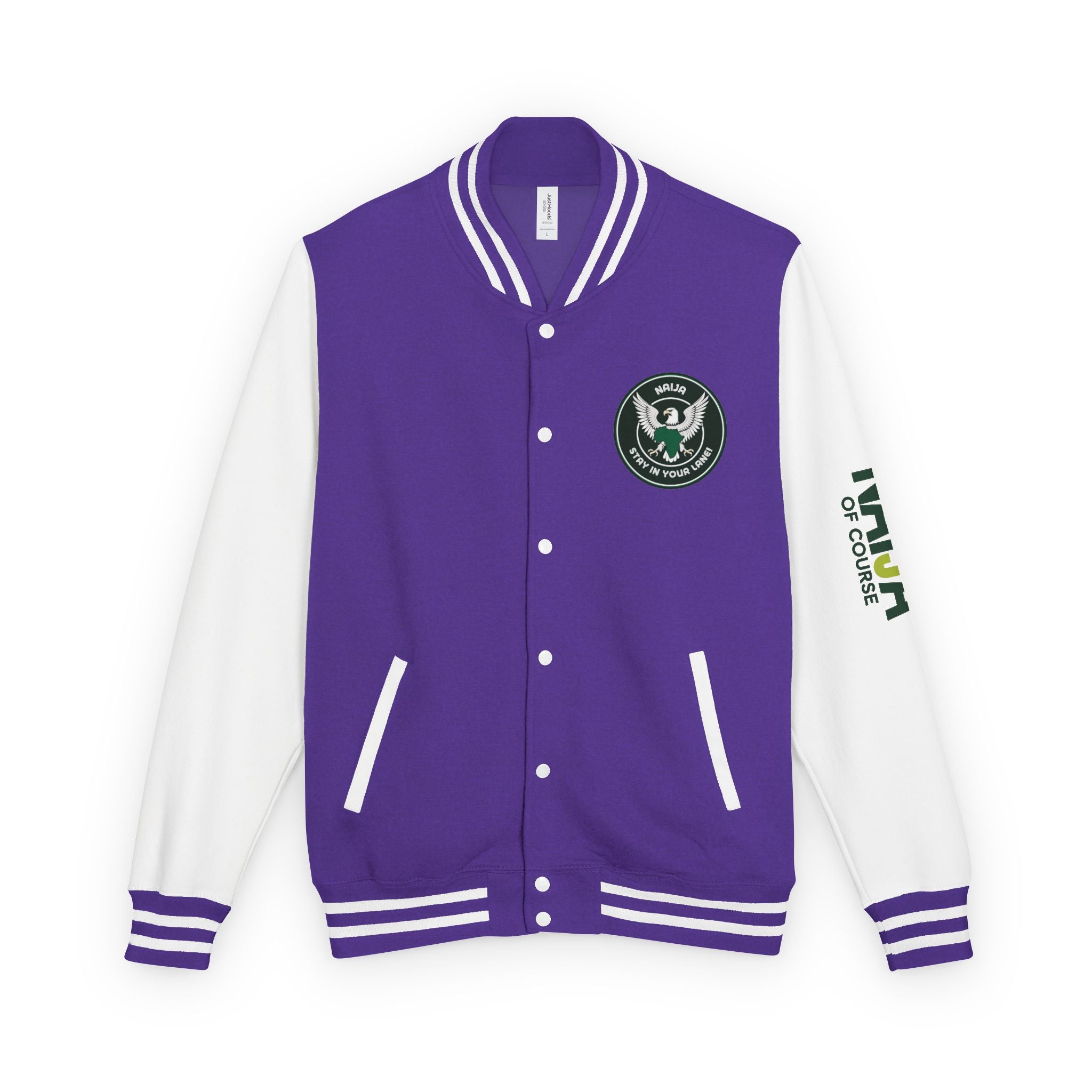 Naija of Course, Stay in your lane College Jacket- Purple and White- Nigerian streetwear fashion from Naija Of Course
