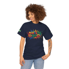 Naija, Owa O, Unisex Cotton T-shirt- Blue- Female Model- Front View- Nigerian streetwear fashion from Naija Of Course