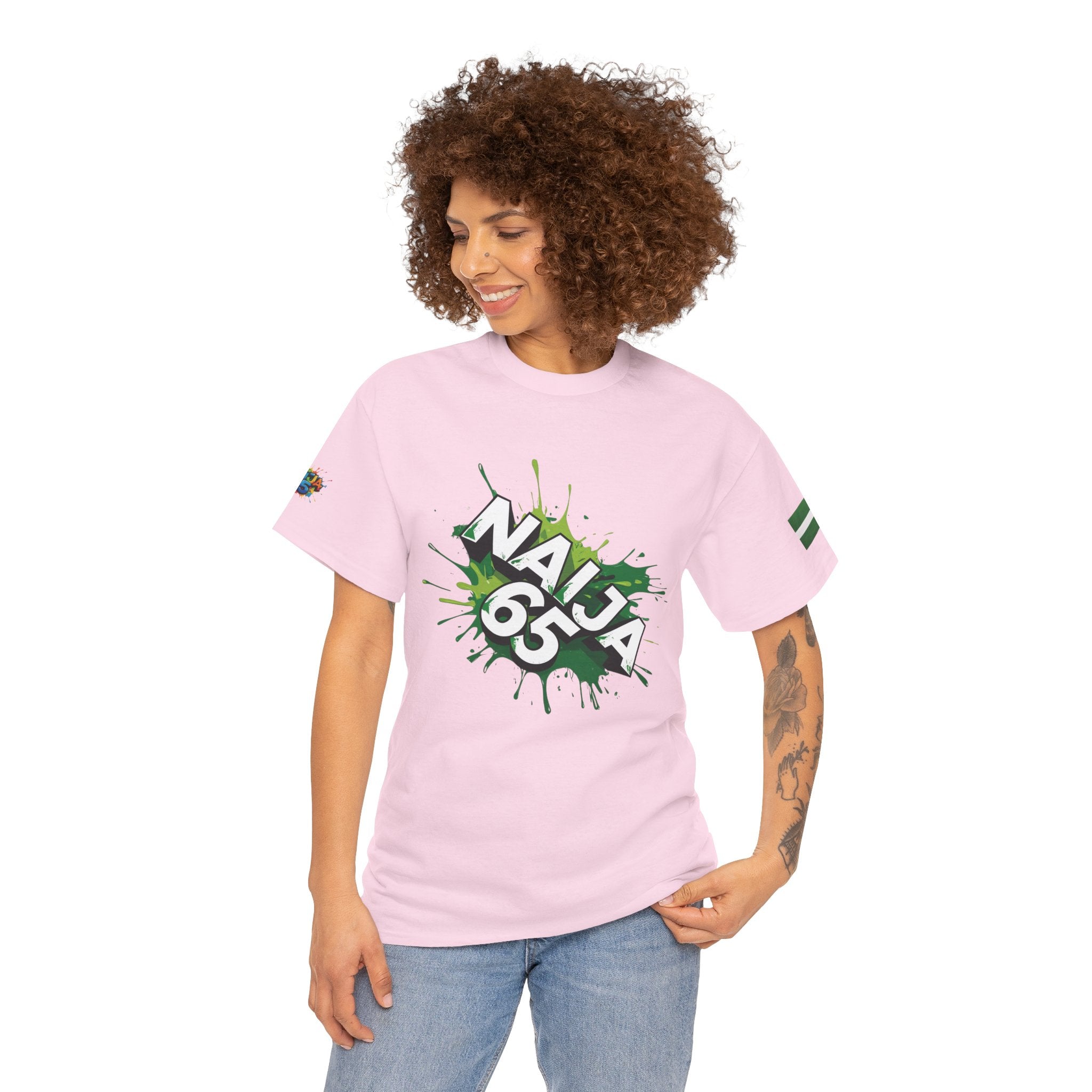 Naija 65TH INDEPENDENCE CELEBRATION Unisex Pink Cotton T-shirt- Female Model- Front View- Nigerian streetwear fashion from Naija Of Course