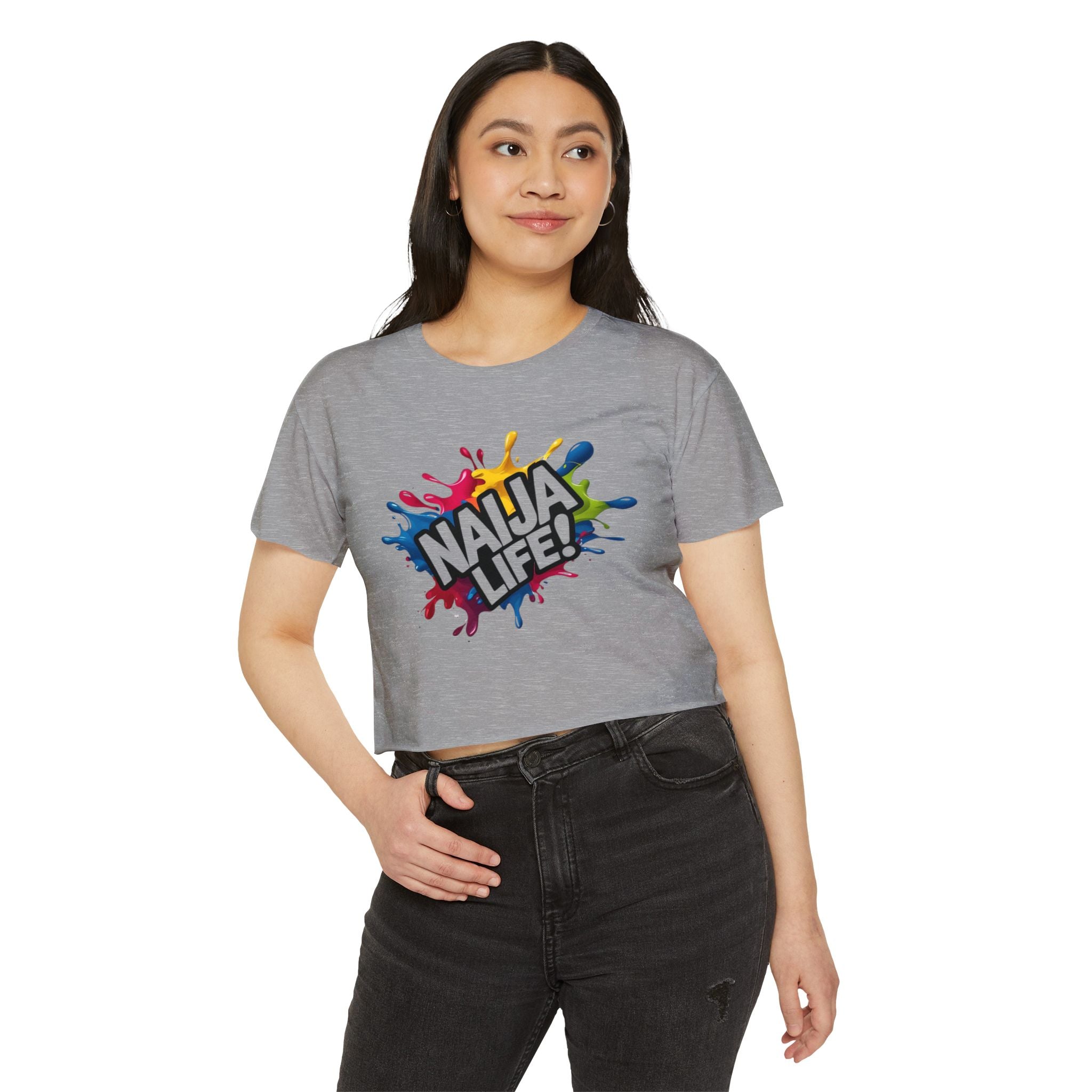 Naija Life Women’s Grey Crop Top with Nigerian slogan.