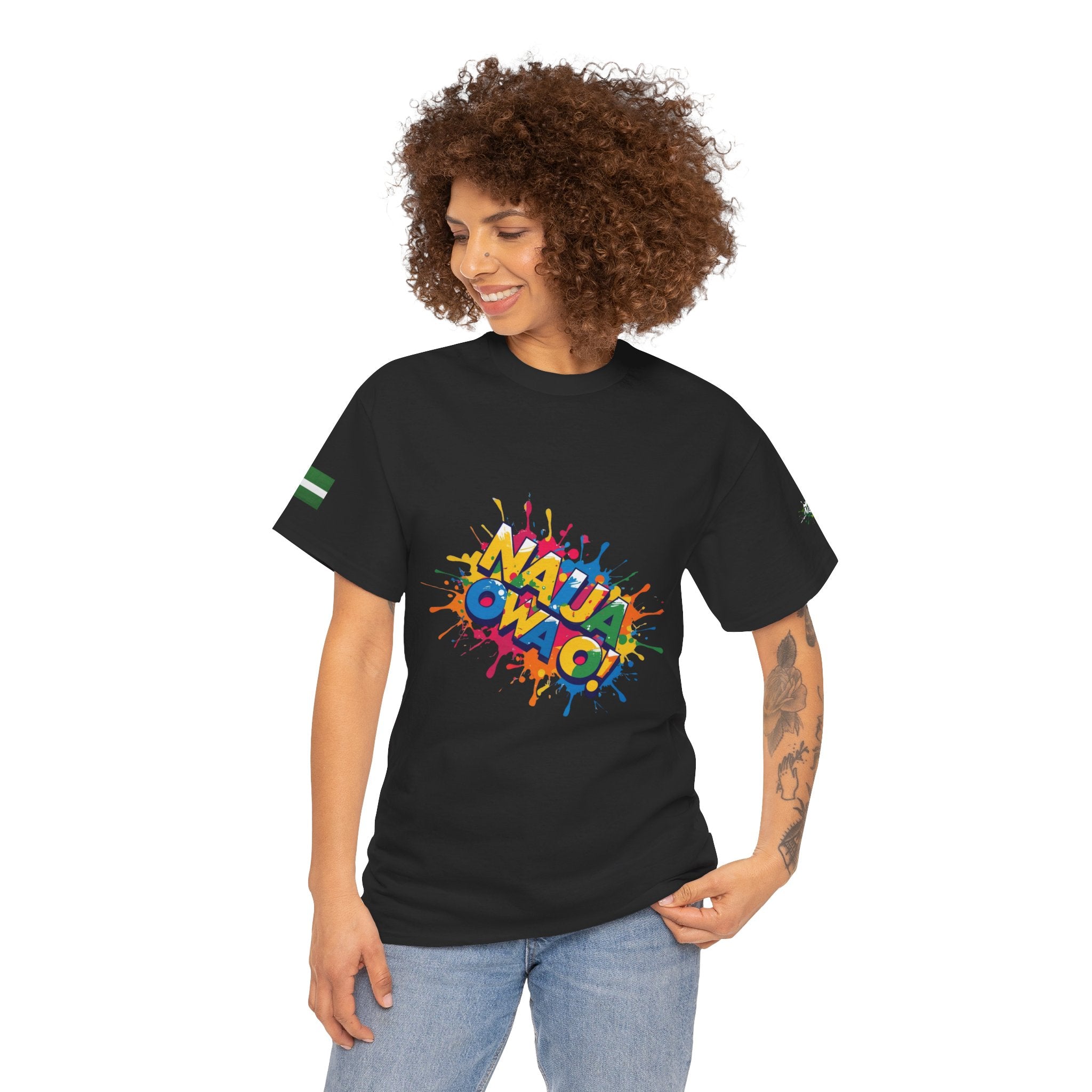 Naija Owa O, Unisex Black T-shirt - Female Model- Front View- Nigerian streetwear fashion from Naija Of Course