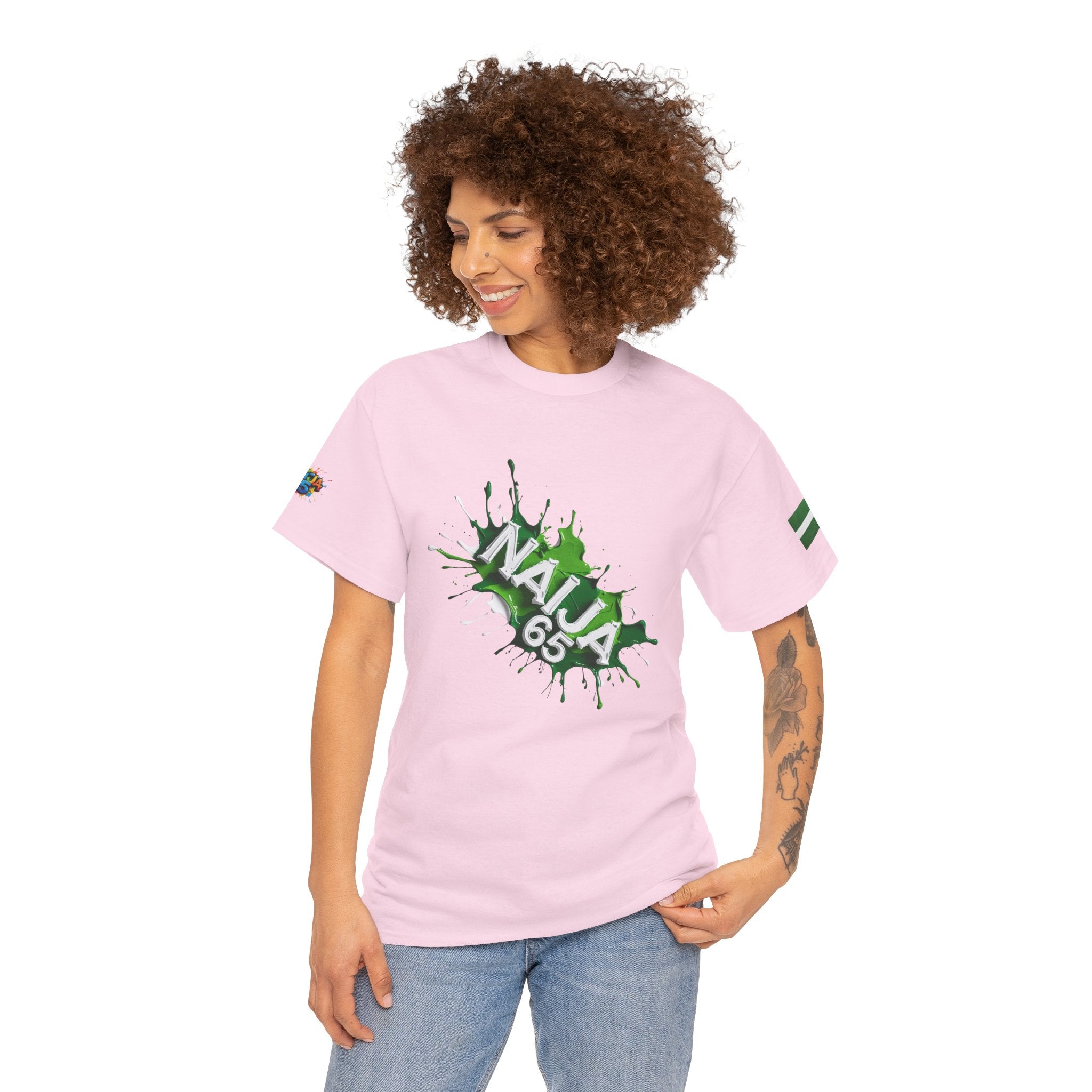 Naija 65TH INDEPENDENCE CELEBRATION, - Unisex Cotton T-shirt- Pink- Female model- Nigerian streetwear fashion from Naija Of Course