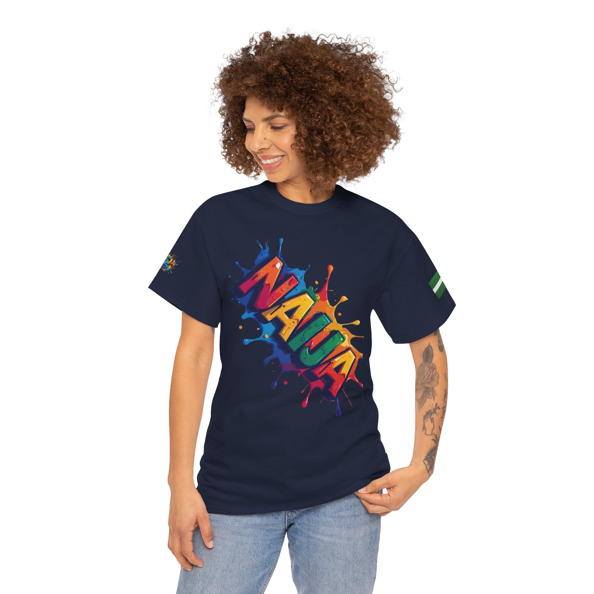 Naija Unisex Cotton T-shirt- Blue- Female model- Front view- Nigerian streetwear fashion from Naija Of Course