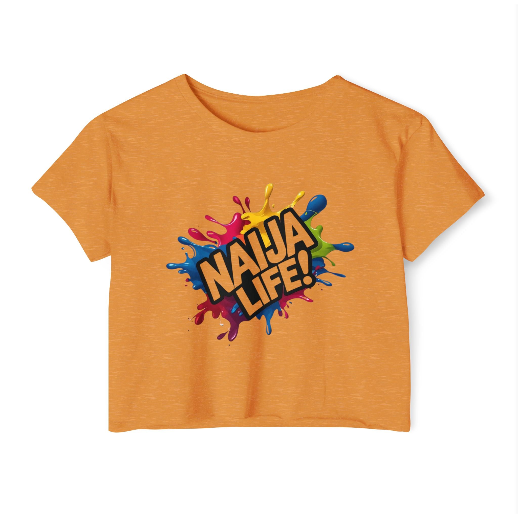Naija Life Women’s Orange Crop Top with Nigerian slogan.