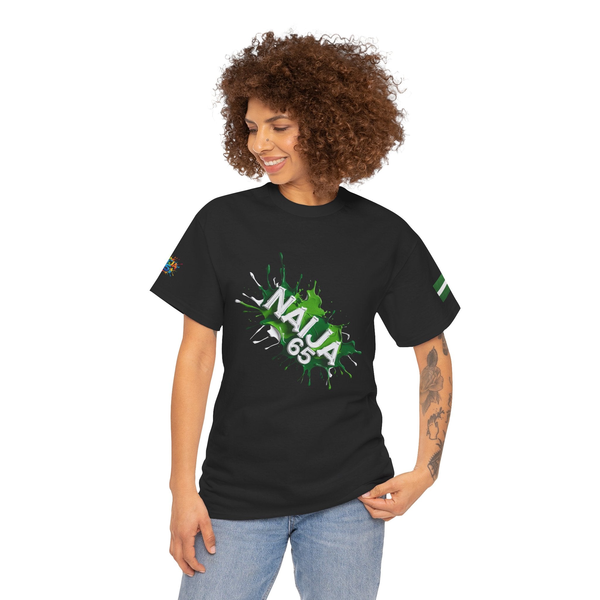 Naija 65TH INDEPENDENCE CELEBRATION, - Unisex Cotton T-shirt- Black- Female model- Nigerian streetwear fashion from Naija Of Course