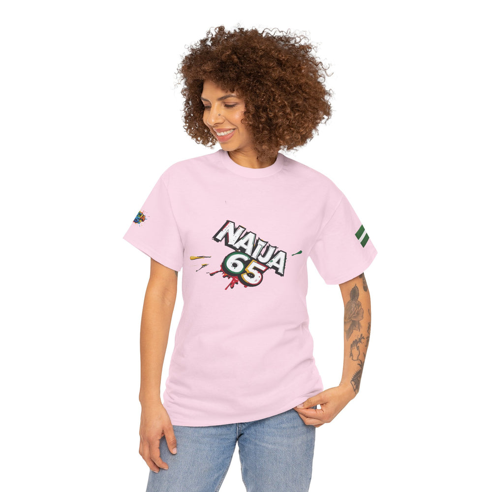 Naija 65TH INDEPENDENCE, Unisex Pink Cotton T-shirt- Female Model- Front View- Nigerian streetwear fashion from Naija Of Course