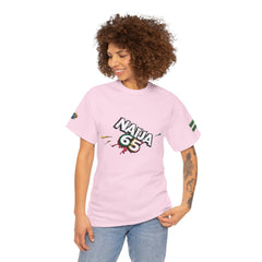 Naija 65TH INDEPENDENCE, Unisex Pink Cotton T-shirt- Female Model- Front View- Nigerian streetwear fashion from Naija Of Course