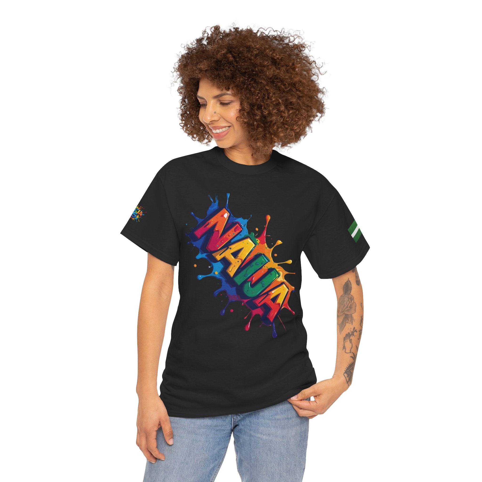 Naija Unisex Cotton T-shirt- Black- Female model- Front view- Nigerian streetwear fashion from Naija Of Course