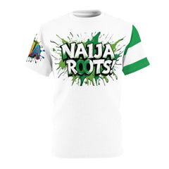 Naija Roots Unisex White Stitching T-shirt with Nigerian heritage slogan.