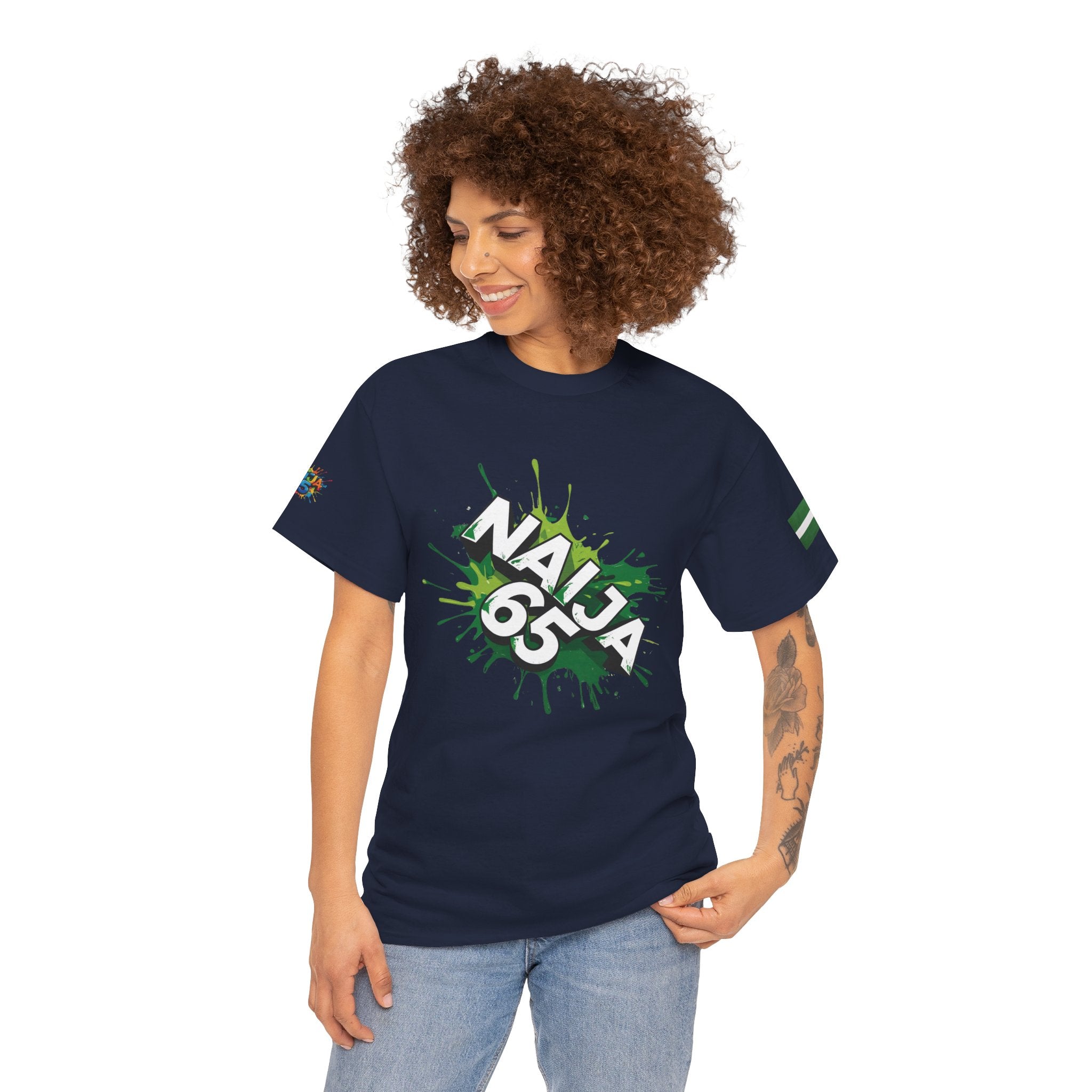Naija 65TH INDEPENDENCE CELEBRATION Unisex Blue Cotton T-shirt- Female Model- Front View- Nigerian streetwear fashion from Naija Of Course
