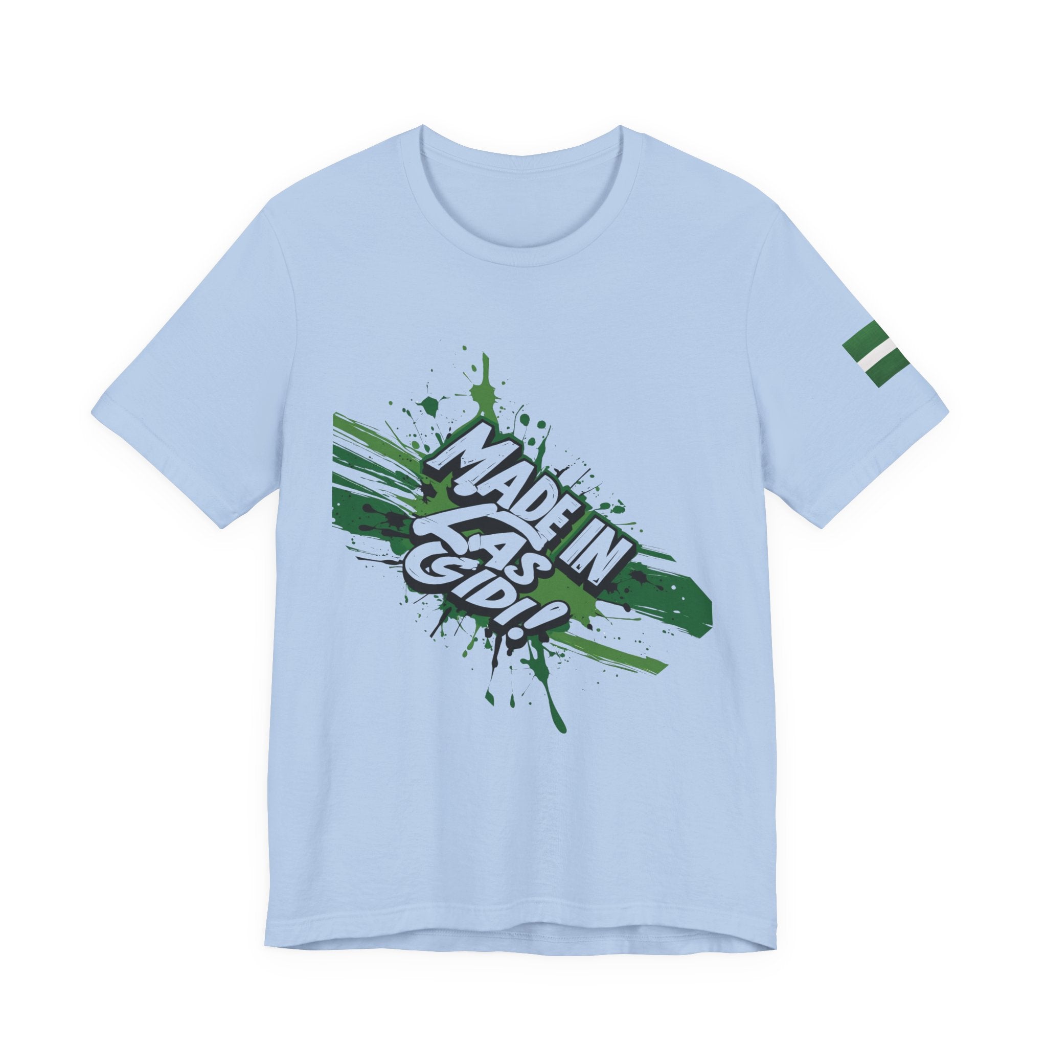 Naija Made in Las Gidi, Unisex Baby Blue T-shirt- Front View- Naija Of Course streetwear fashion