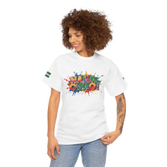 Naija, Owa O, Unisex Cotton T-shirt- White- Female Model- Front View- Nigerian streetwear fashion from Naija Of Course