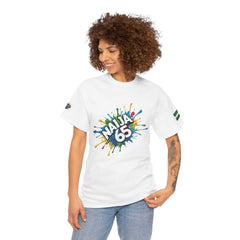Naija 65TH Independence Unisex White Cotton T-shirt- Female Model- Front View- Nigerian streetwear fashion from Naija Of Course