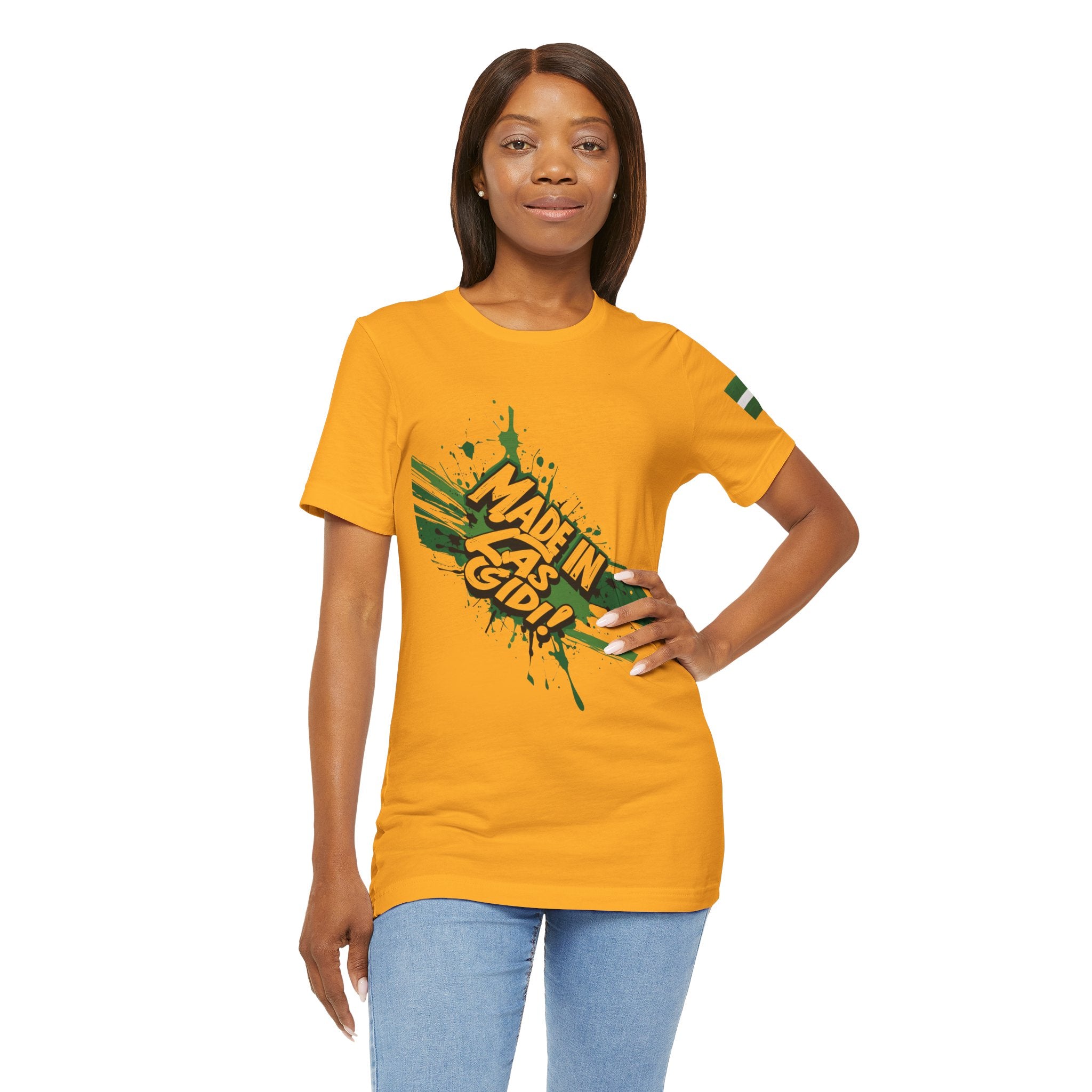 Naija Made in Las Gidi, Unisex Mustard T-shirt- Female Model- Front View- Naija Of Course streetwear fashion