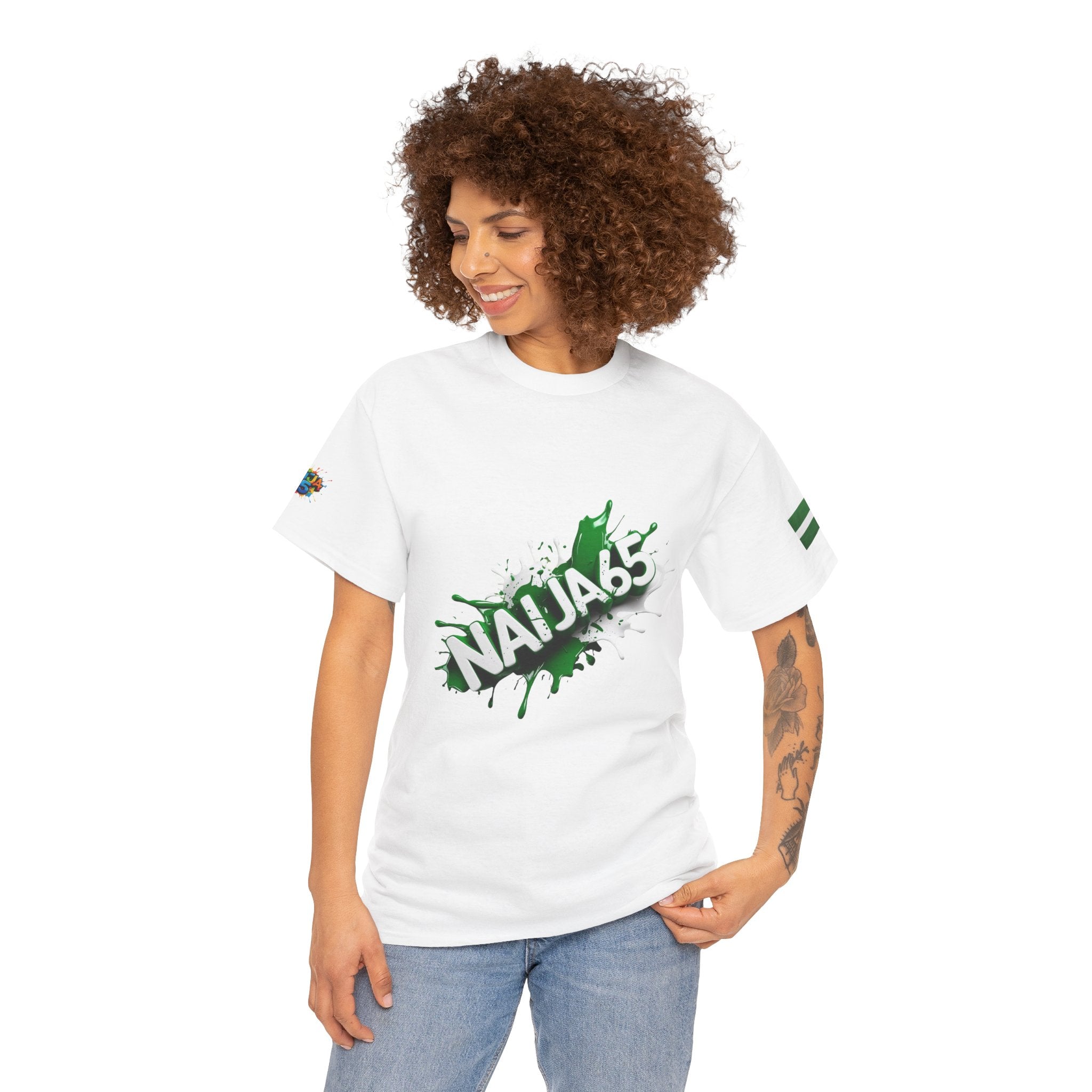 Naija 65TH INDEPENDENCE CELEBRATION Day - Unisex Cotton T-shirt- White- Female model- Nigerian streetwear fashion from Naija Of Course