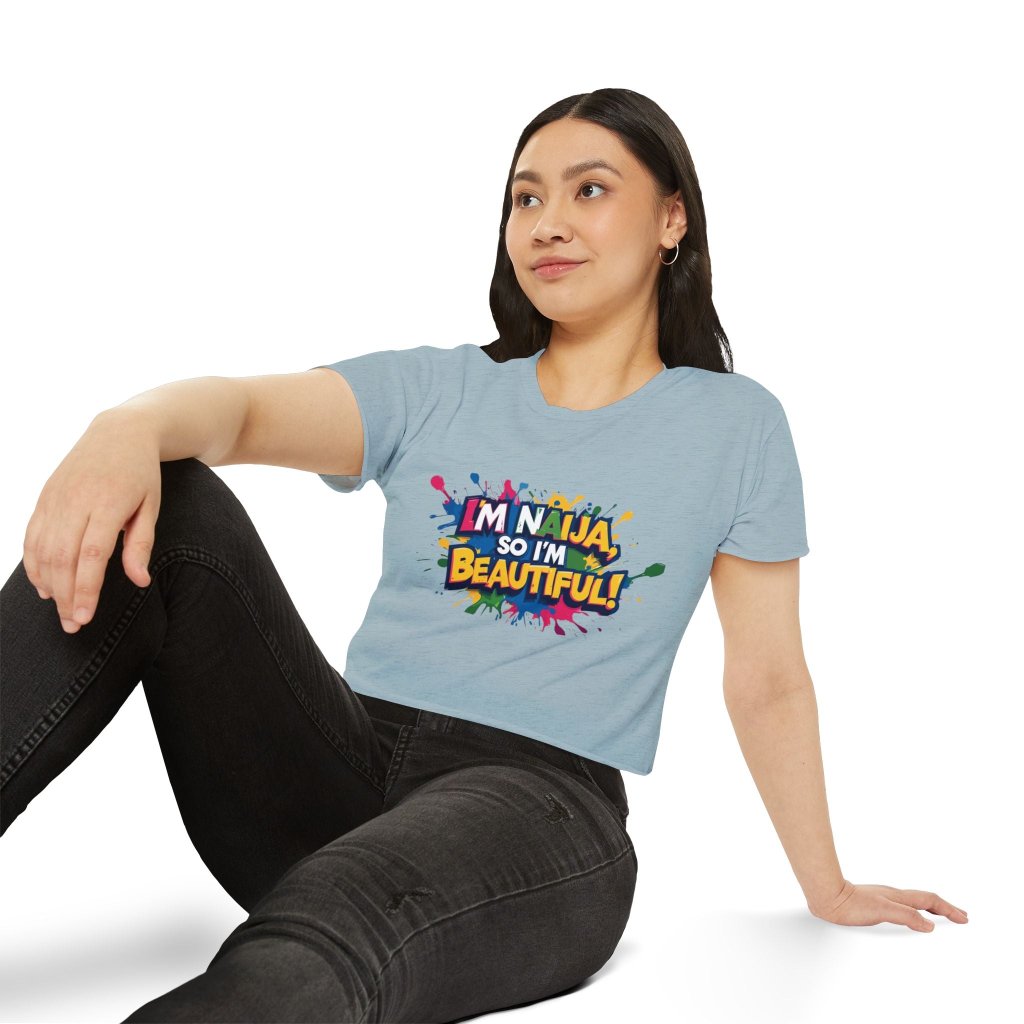 I'm Naija so I'm Beautiful, Baby Blue Cotton T-shirt - Female Model, Naija Of Course streetwear fashion