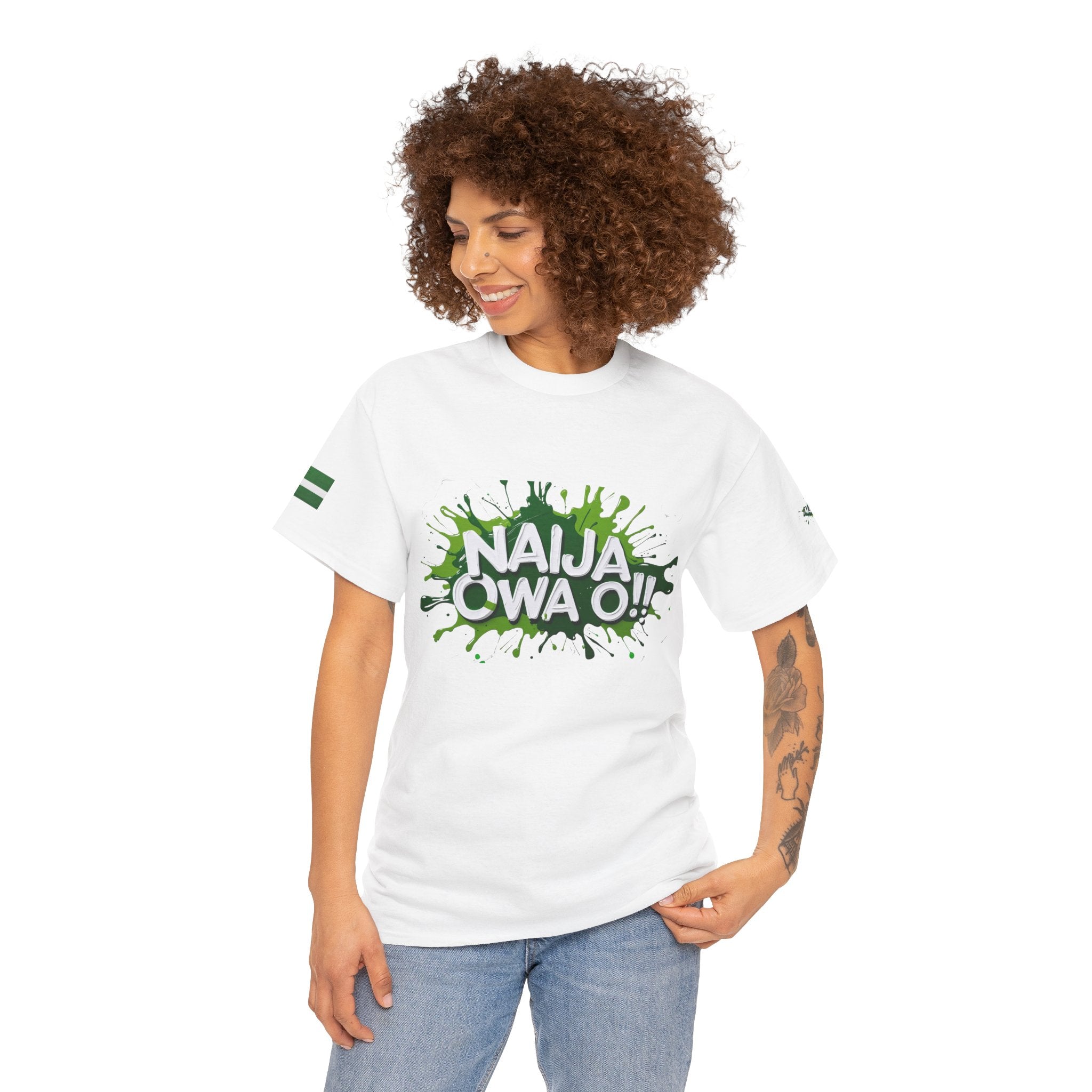 Naija Owa O, Cotton T-shirt Unisex- White- Female Model- Front View- Nigerian streetwear fashion from Naija Of Course