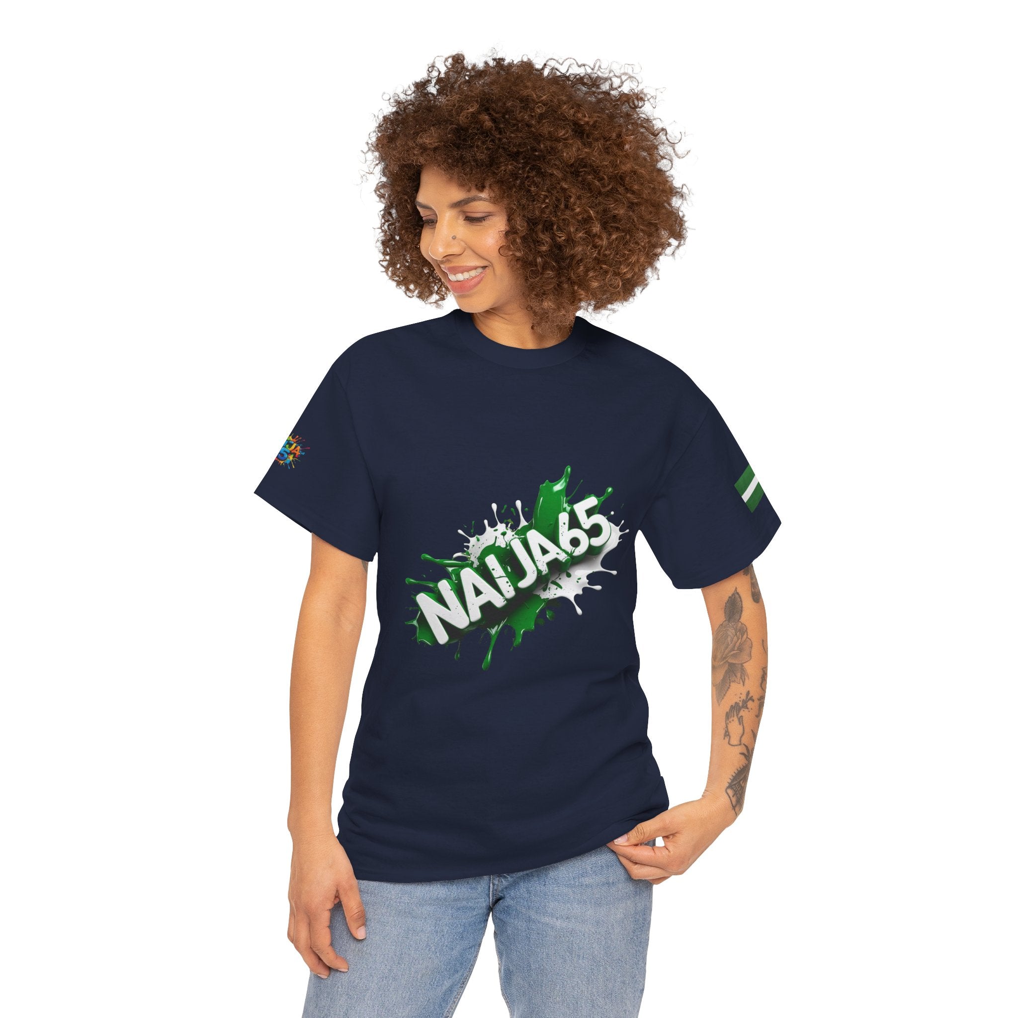 Naija 65TH INDEPENDENCE CELEBRATION Day - Unisex Cotton T-shirt- Blue- Female Model- Nigerian streetwear fashion from Naija Of Course
