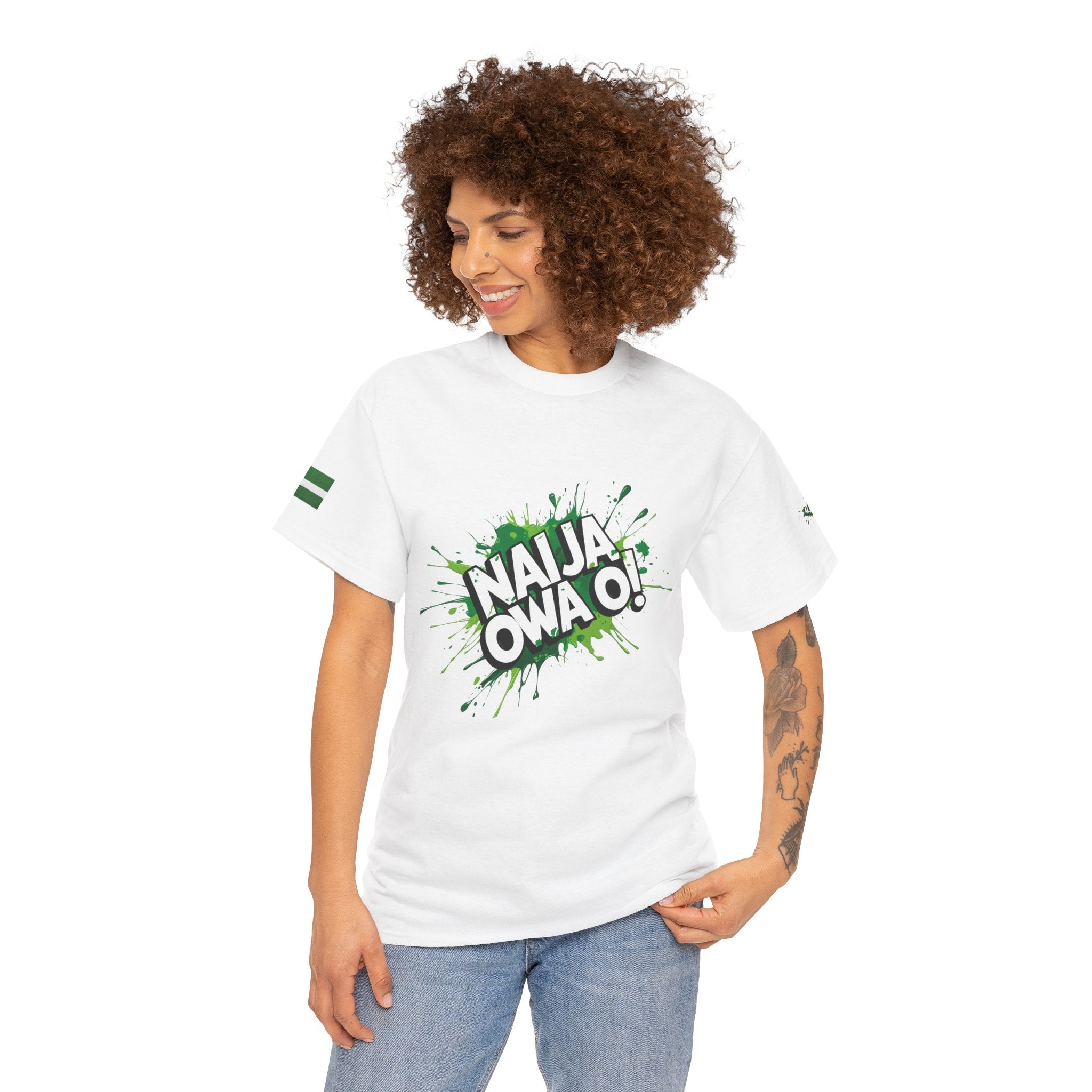 Naija, Owa O,  White Cotton T-shirt Unisex- Female Model- Front View- Nigerian streetwear fashion from Naija Of Course