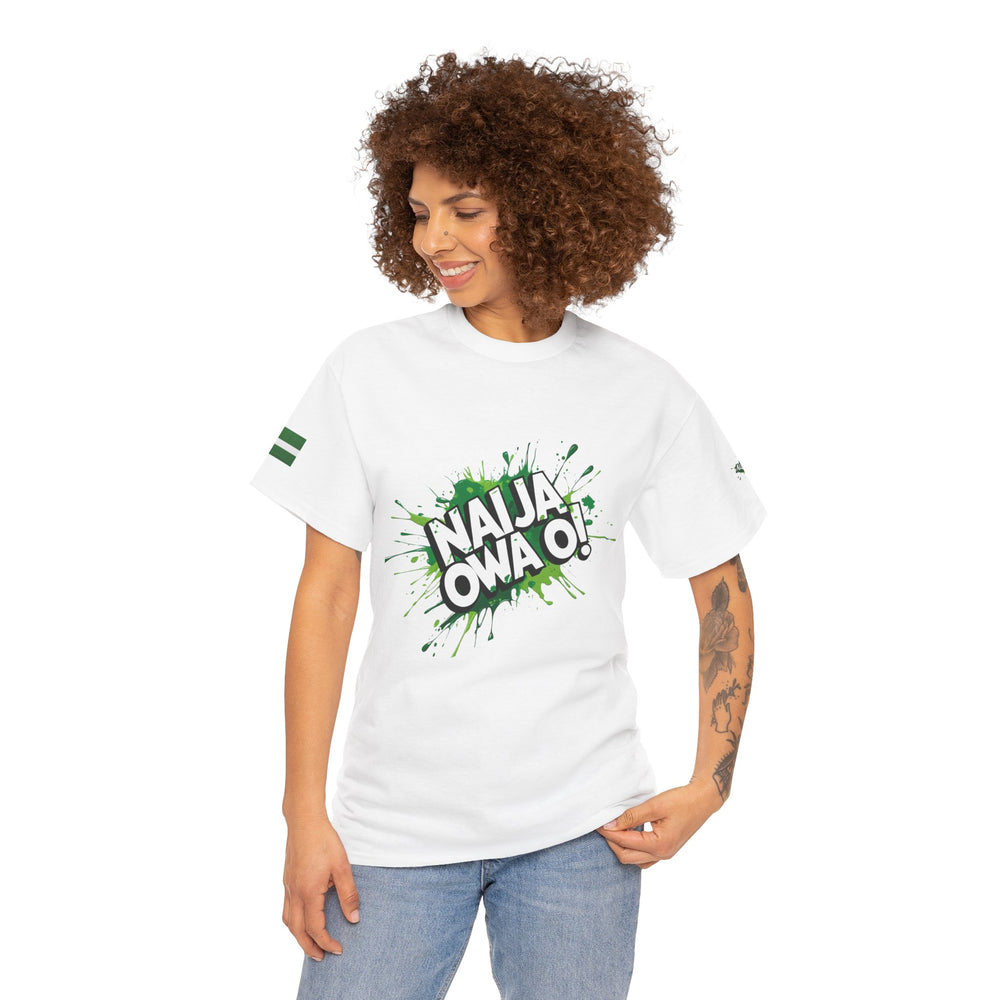 Naija, Owa O,  White Cotton T-shirt Unisex- Female Model- Front View- Nigerian streetwear fashion from Naija Of Course