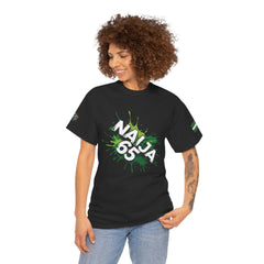Naija 65TH INDEPENDENCE CELEBRATION Unisex Black Cotton T-shirt- Female Model- Front View- Nigerian streetwear fashion from Naija Of Course