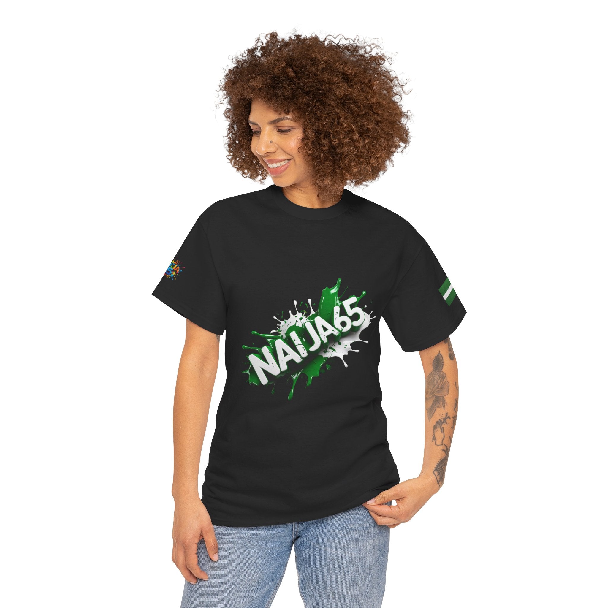 Naija 65TH INDEPENDENCE CELEBRATION Day - Unisex Cotton T-shirt- Black- Female model- Nigerian streetwear fashion from Naija Of Course