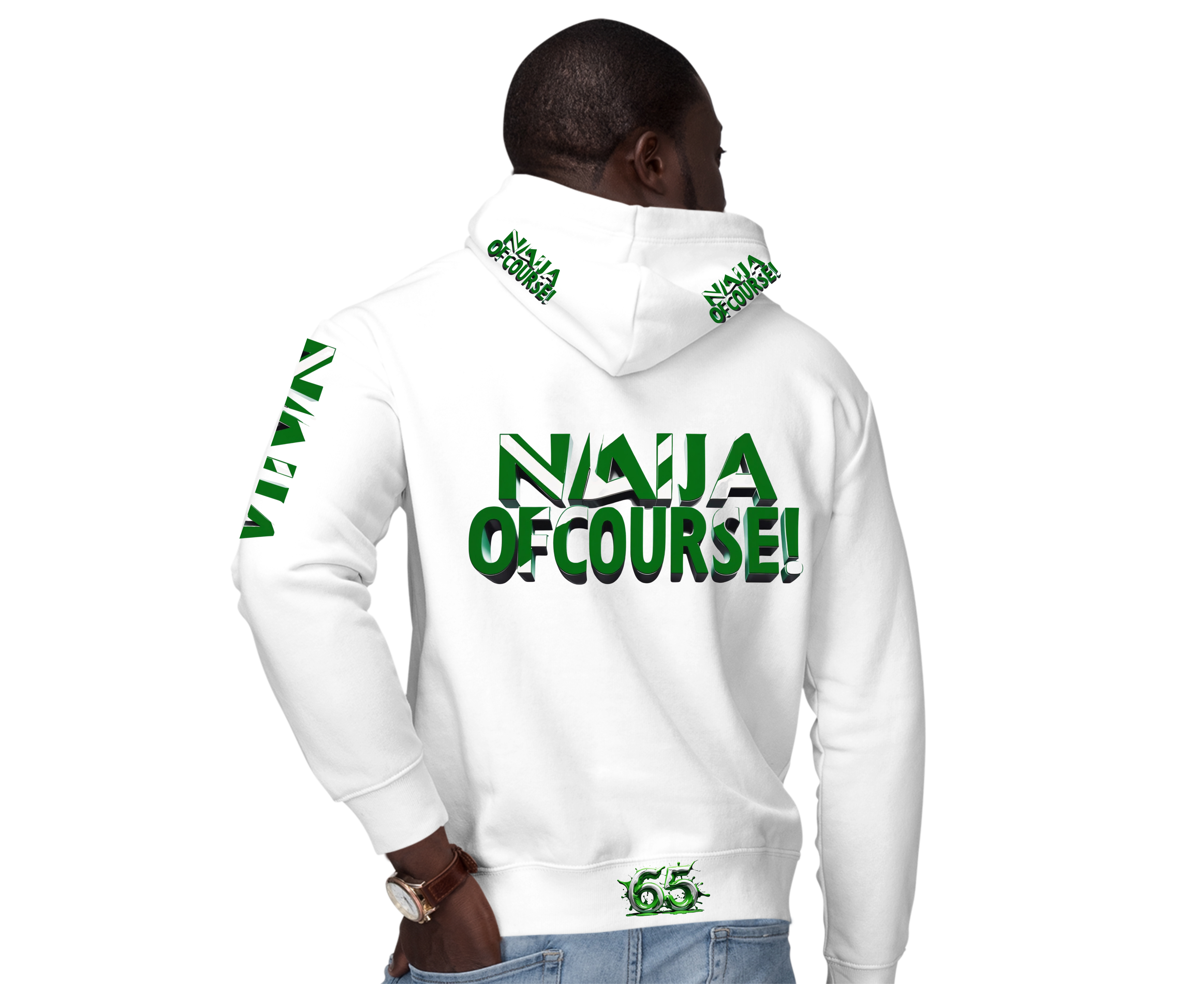 Naija- Peace & Of Course White and Green Hoodie Unisex- Male Model- Back View- Naija Of Course streetwear fashion