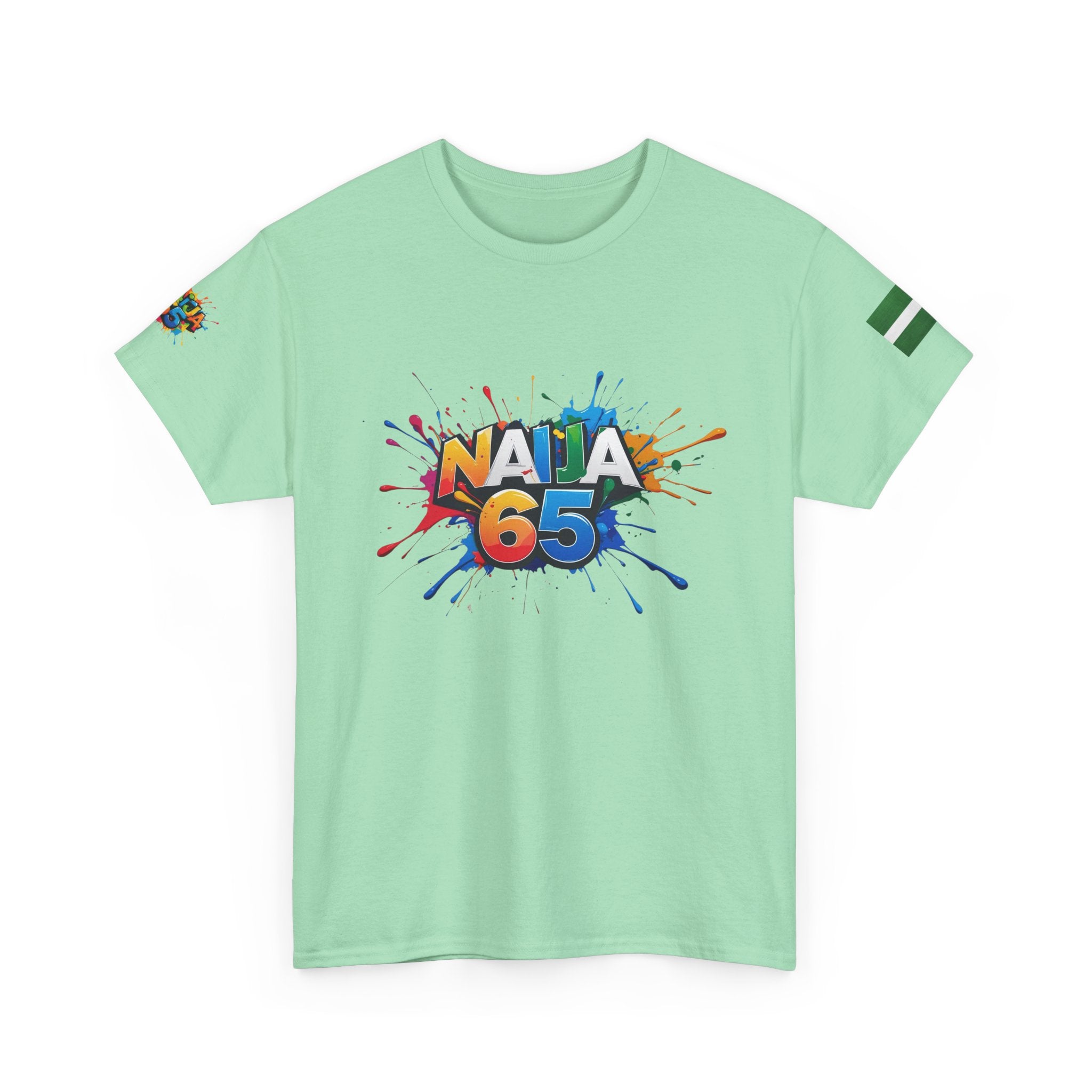 Naija- 65TH INDEPENDENCE Unisex Cotton T-shirt- Light Green- Front View- Nigerian streetwear fashion from Naija Of Course