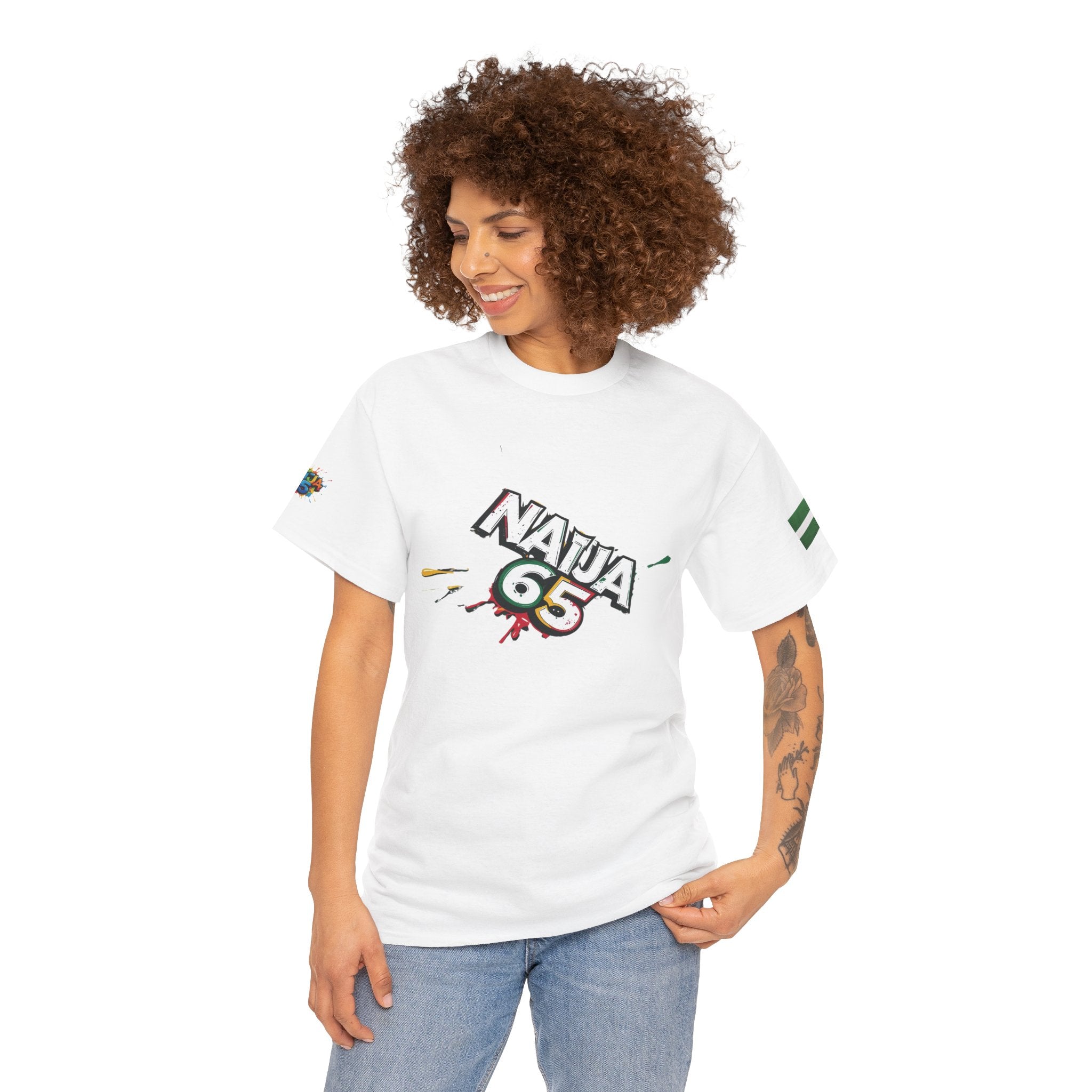 Naija 65TH INDEPENDENCE, Unisex White Cotton T-shirt- Female Model- Front View- Nigerian streetwear fashion from Naija Of Course