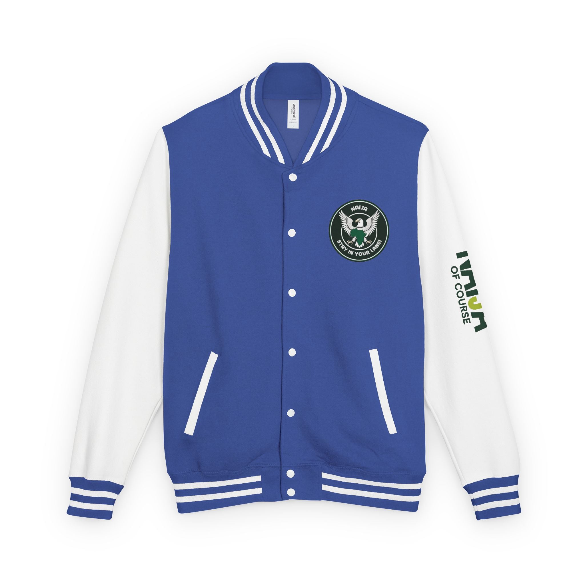Naija of Course, Stay in your lane College Jacket- Blue and White- Nigerian streetwear fashion from Naija Of Course