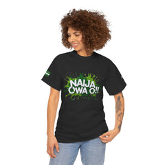 Naija Owa O, Cotton T-shirt Unisex- Black- Female Model- Front View- Nigerian streetwear fashion from Naija Of Course