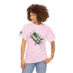 Naija Owa O, Unisex Pink Cotton T-shirt- Female Model- Front View- Nigerian streetwear fashion from Naija Of Course
