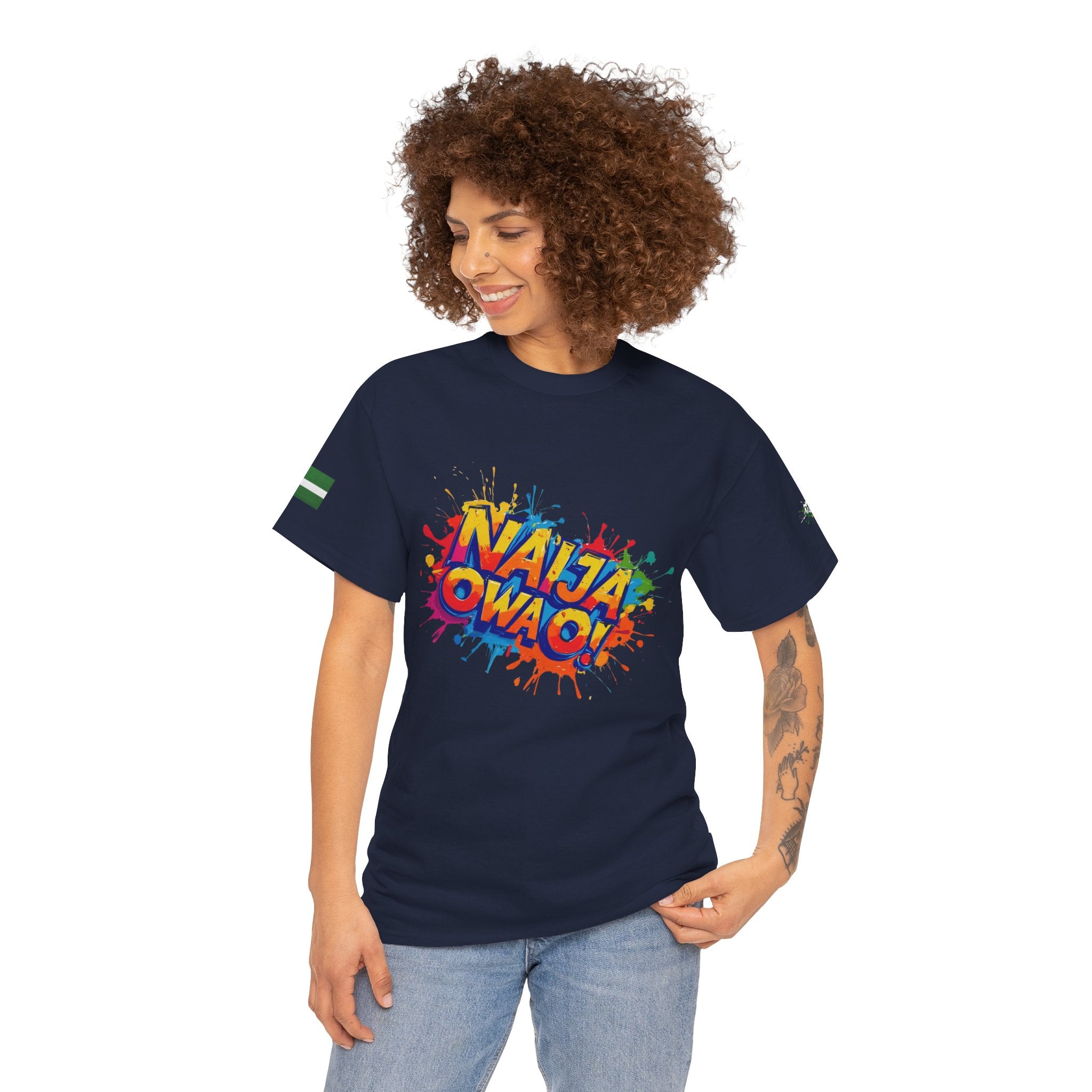 Naija, Owa O,  Unisex Blue Cotton T-shirt- Female Model- Front View- Nigerian streetwear fashion from Naija Of Course