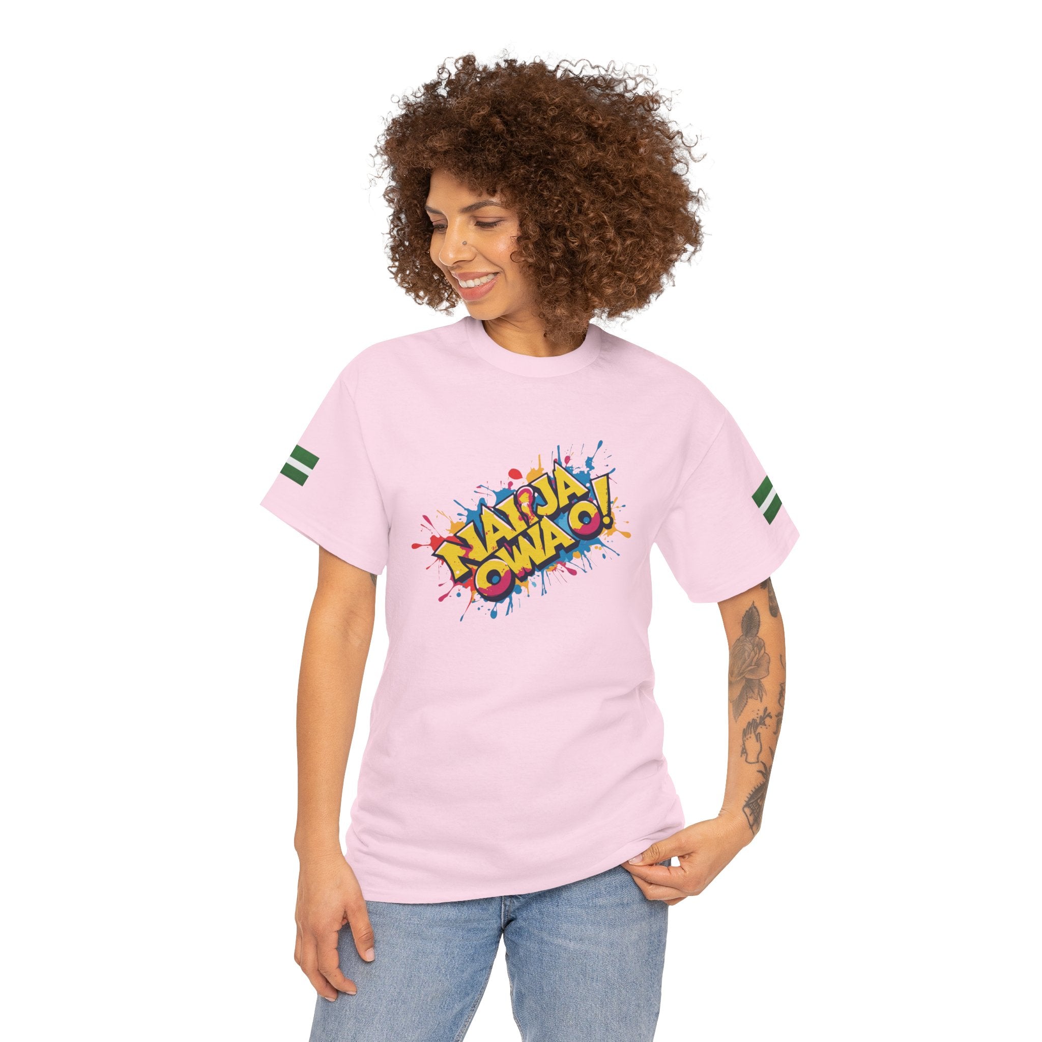 Naija Owa O, Unisex, Pink Cotton T-shirt- Female Model- Nigerian streetwear fashion from Naija Of Course