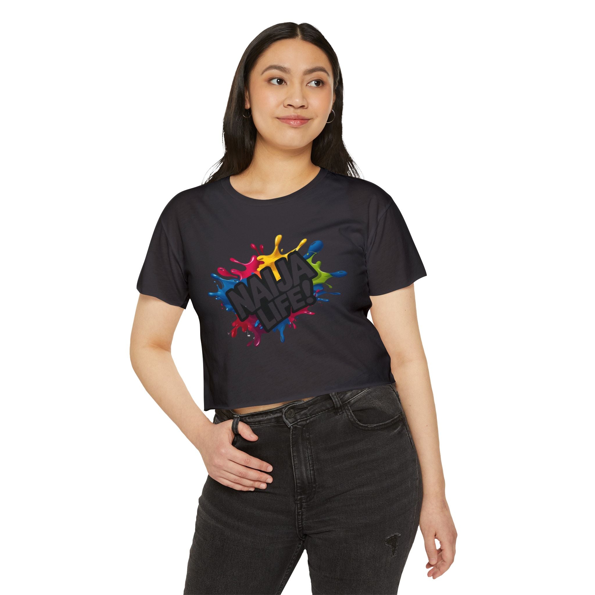 Naija Life Women’s Black Crop Top with Nigerian slogan.